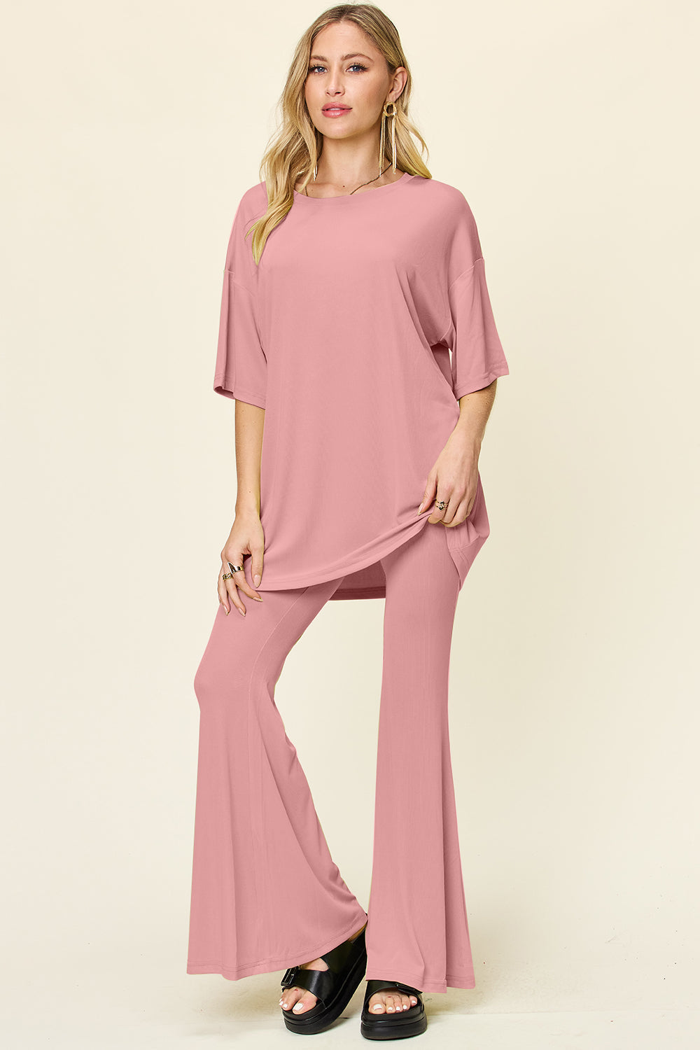 Double Take Full Size Round Neck Drop Shoulder T-Shirt and Flare Pants Set - Concordia Style Boutique