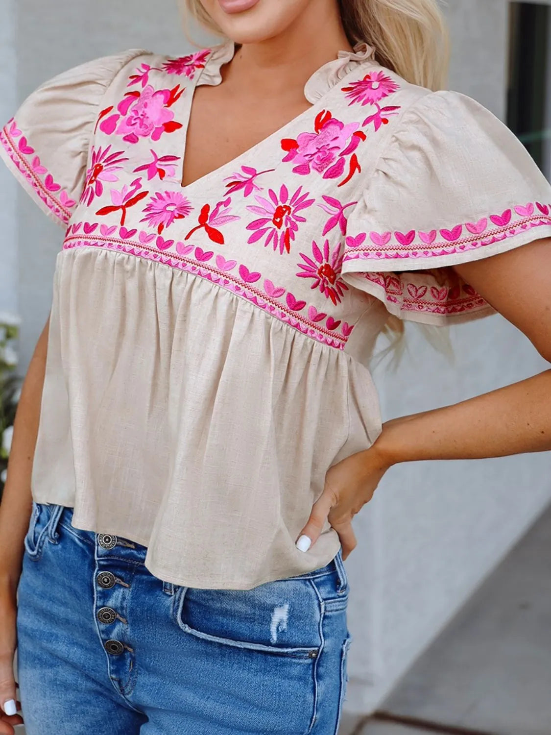 Floral Embroidered Short Sleeve Notched Blouse - Concordia Style Boutique