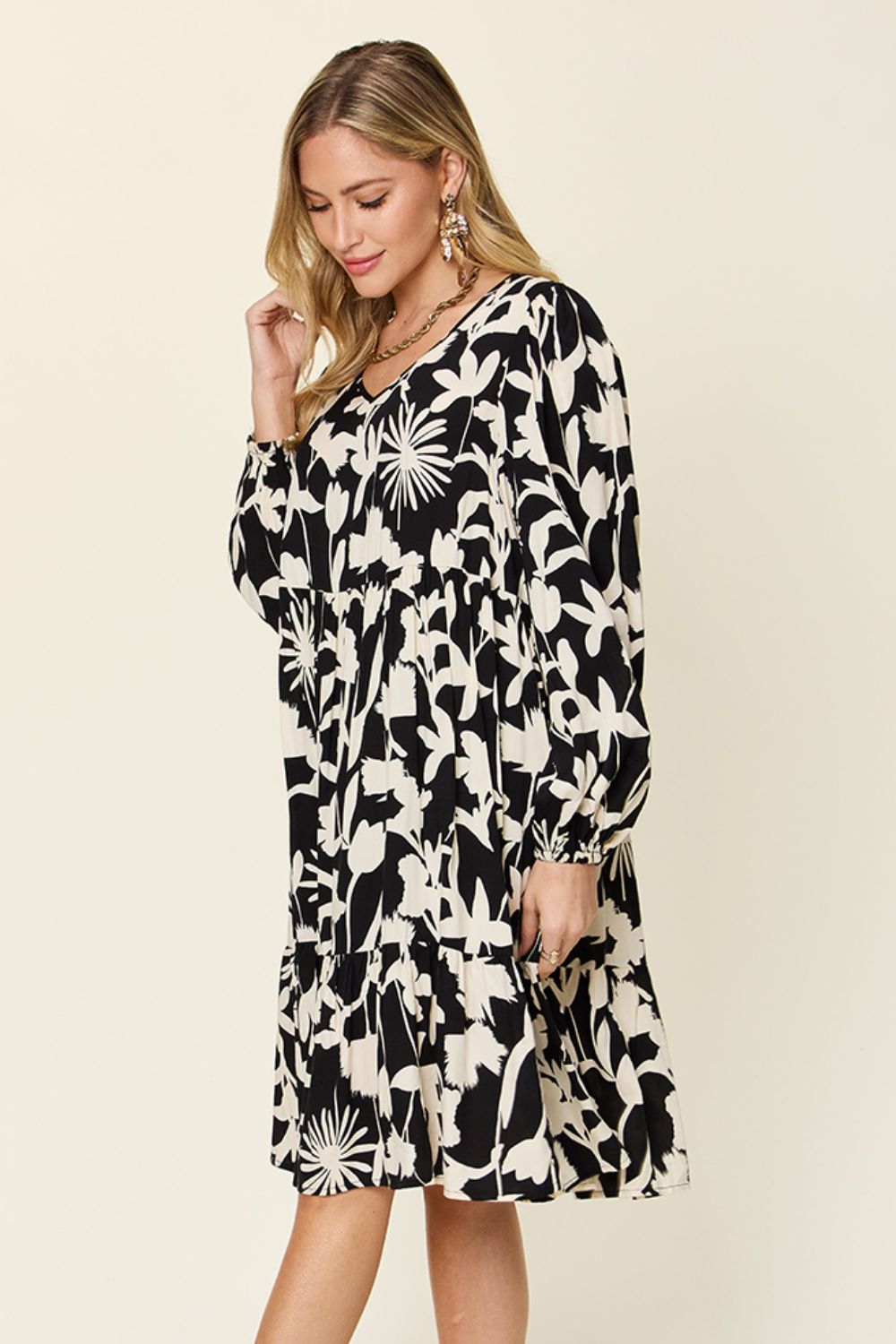 Double Take Full Size Printed Ruffle Hem Long Sleeve Dress - Concordia Style Boutique