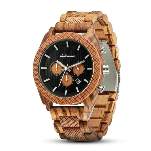Men's Wood Chronograph Watch - Six Hand Calendar Sports Casual Timepiece