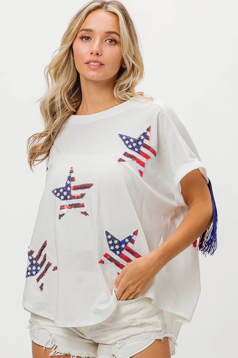 BiBi American Flag Sequin Star Fringe Top