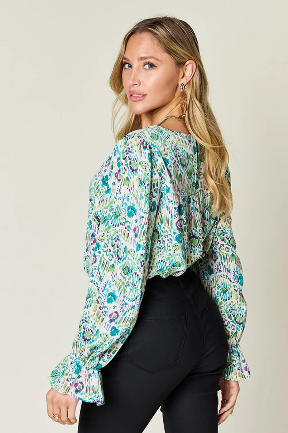 Double Take Full Size Printed Flounce Sleeve Blouse - Concordia Style Boutique