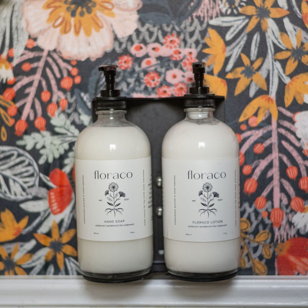 Floraco Refillable Glass Hand Soap: Cedarwood, Sandalwood, Iris and Cardamom