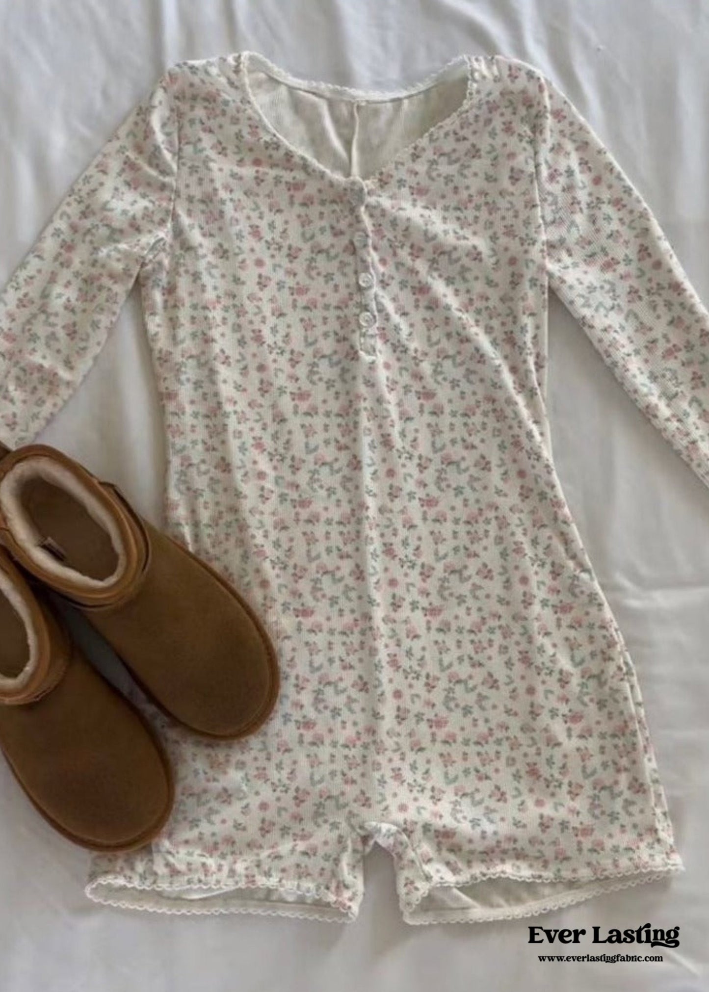 Floral Pajama Long Sleeves Bodysuit / Pink