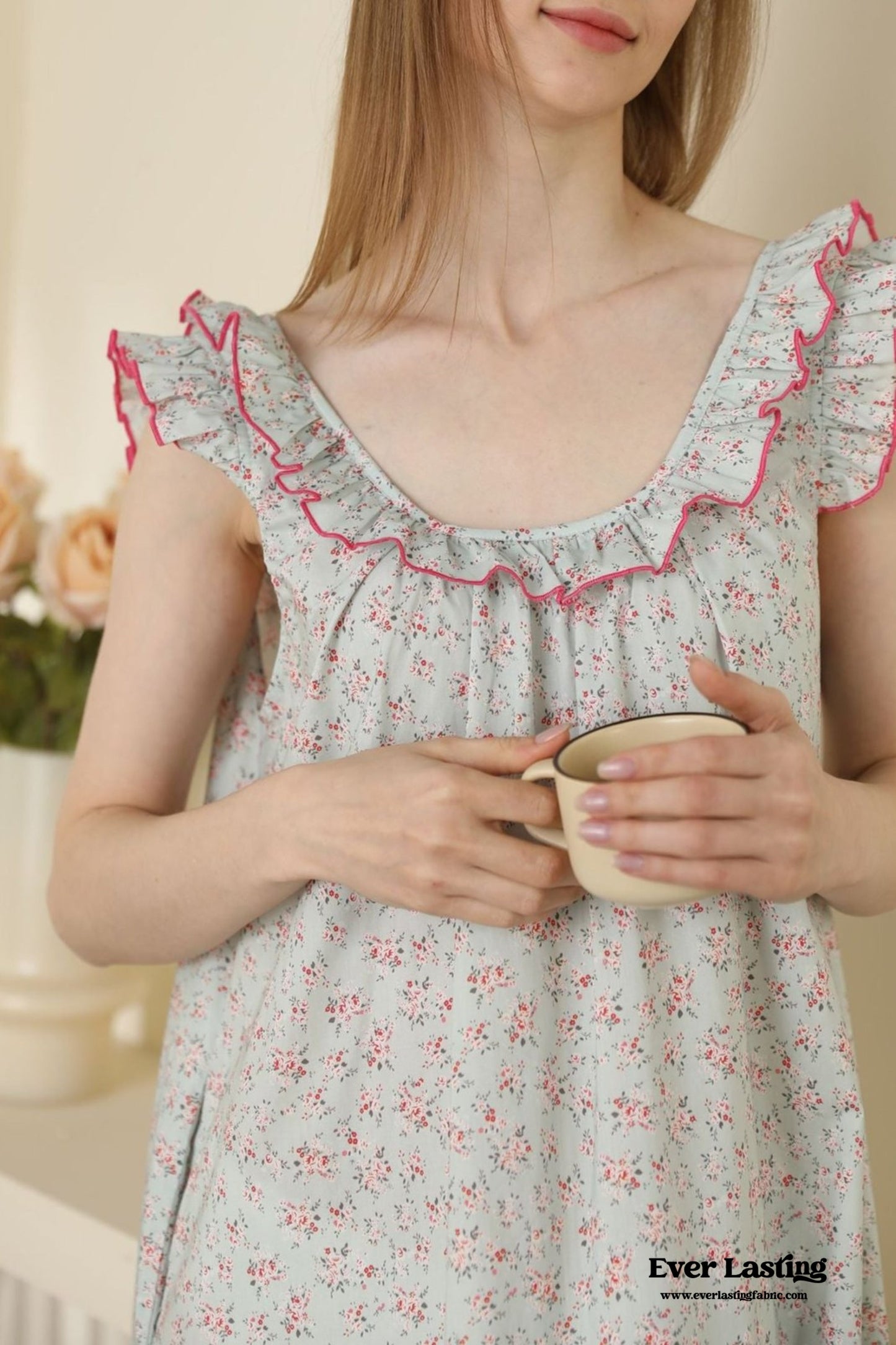 Floral Ruffle Lounge Pajamas Nightgown Dress / Beige