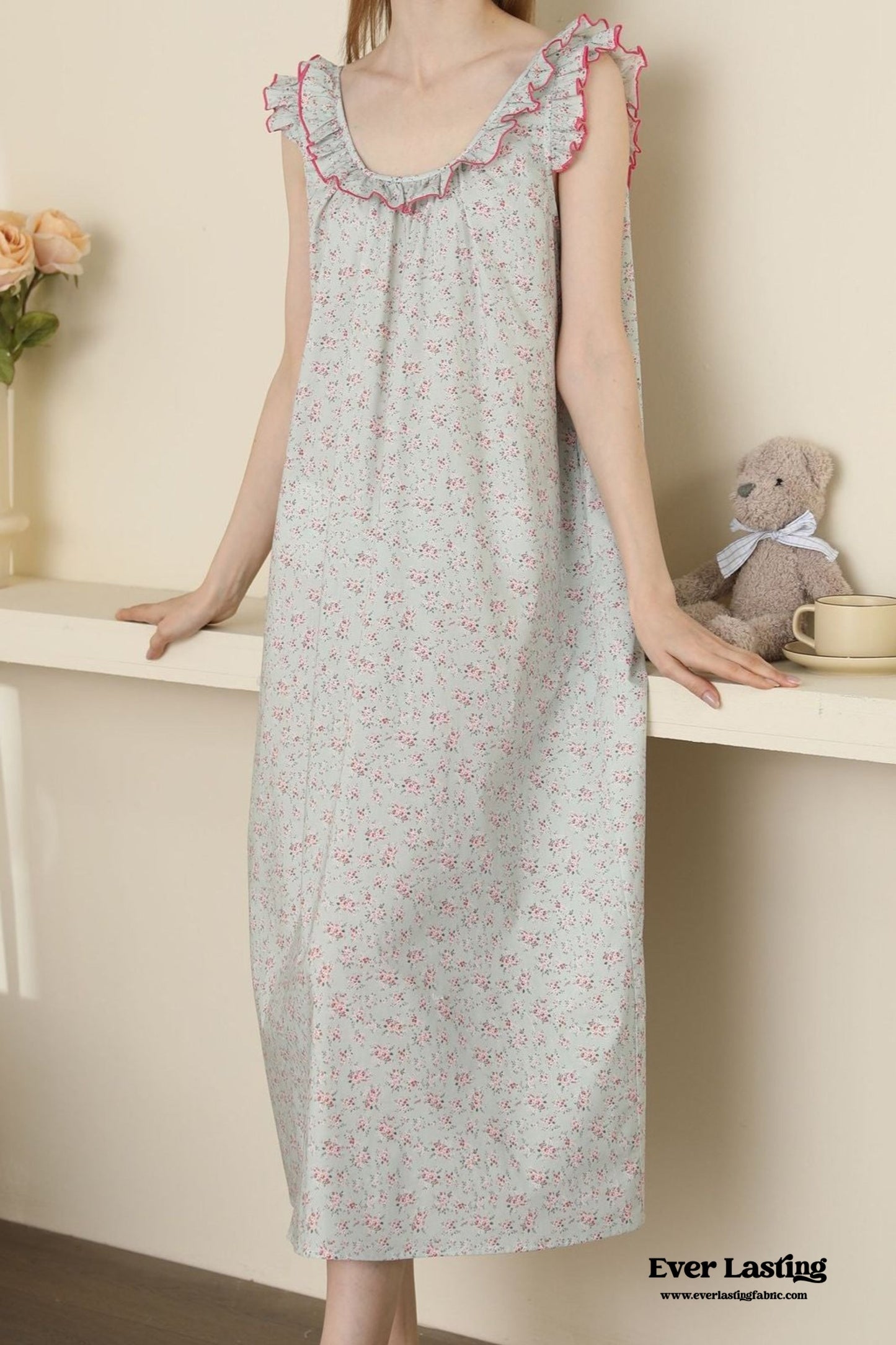 Floral Ruffle Lounge Pajamas Nightgown Dress / Beige