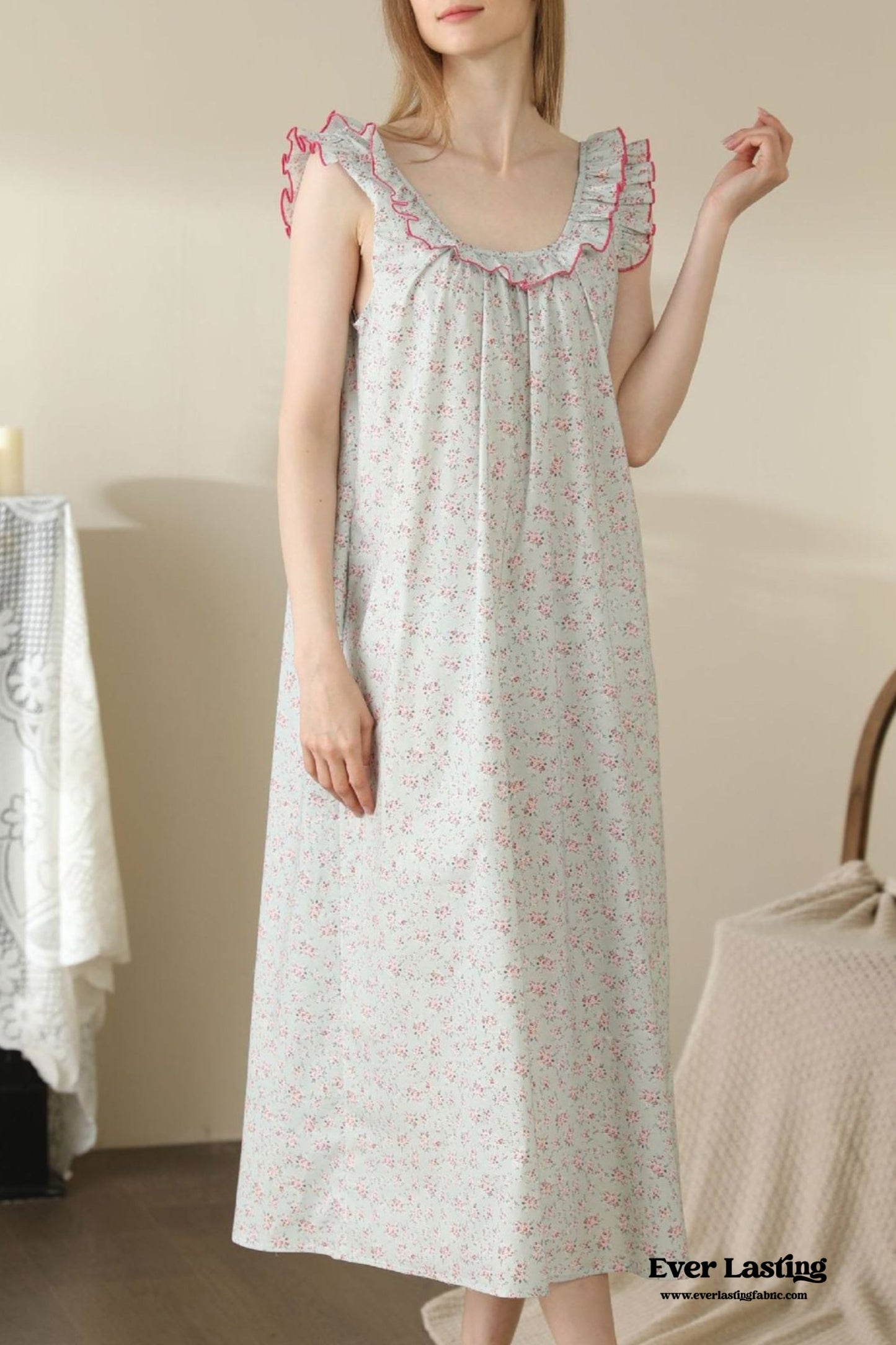 Floral Ruffle Lounge Pajamas Nightgown Dress / Beige