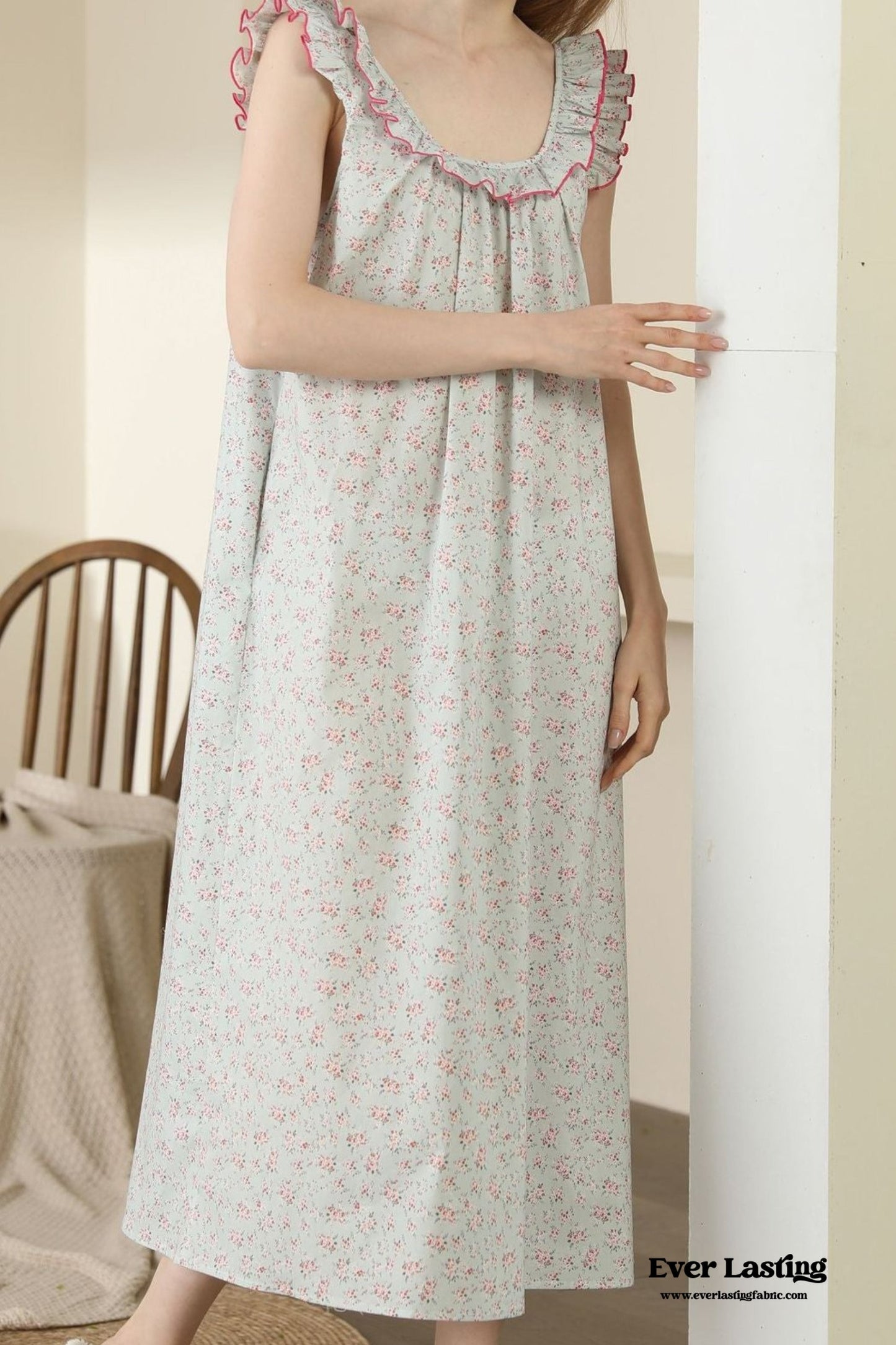 Floral Ruffle Lounge Pajamas Nightgown Dress / Beige