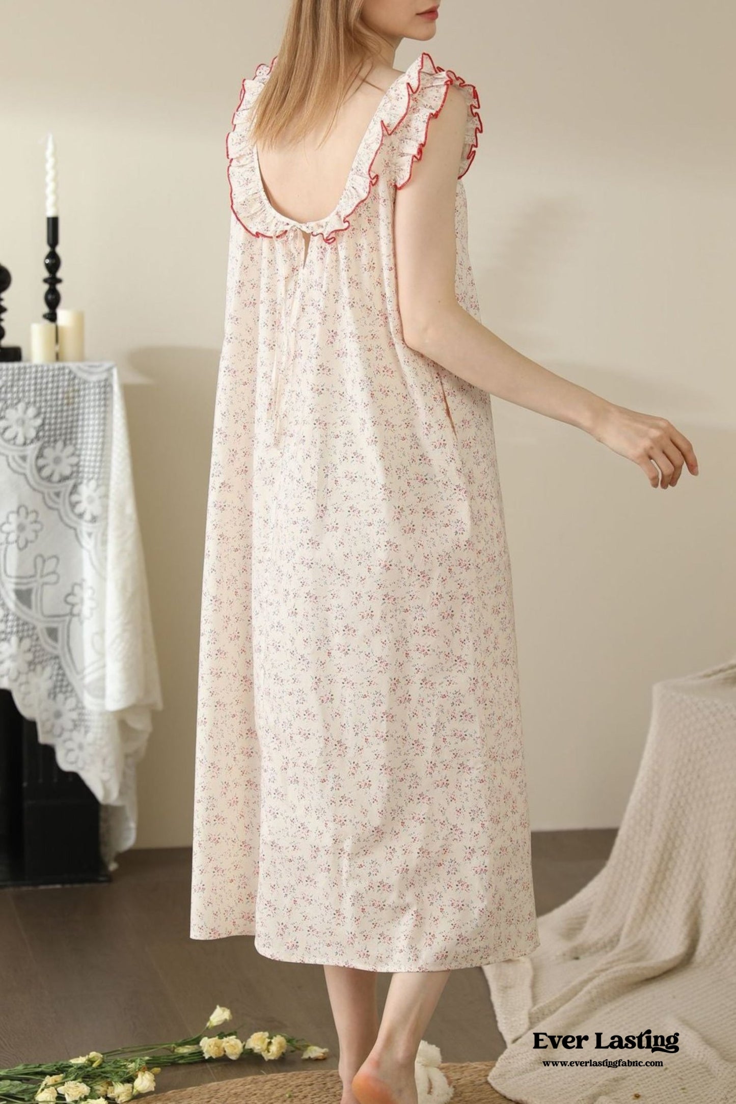 Floral Ruffle Lounge Pajamas Nightgown Dress / Beige