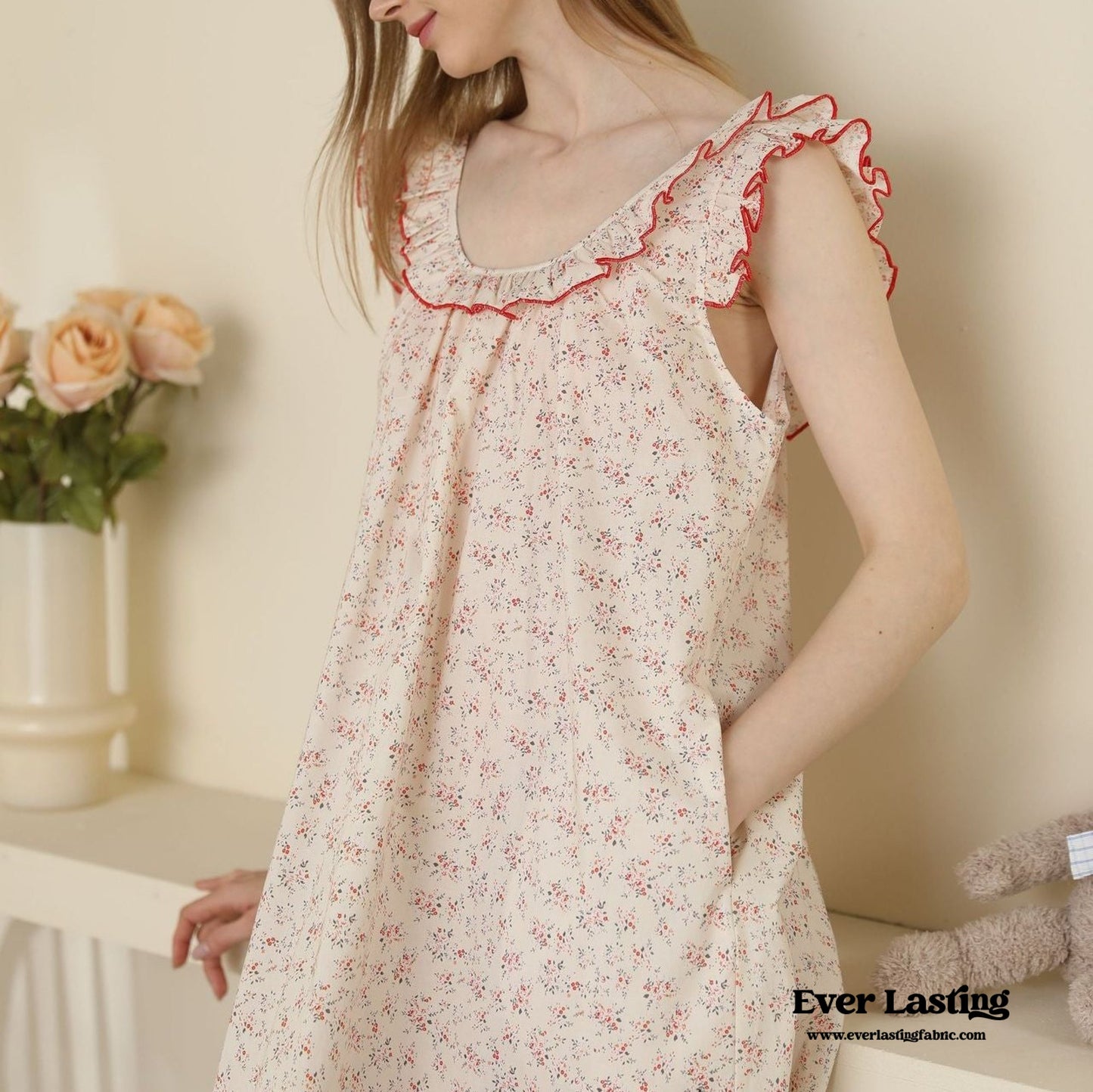 Floral Ruffle Lounge Pajamas Nightgown Dress / Beige
