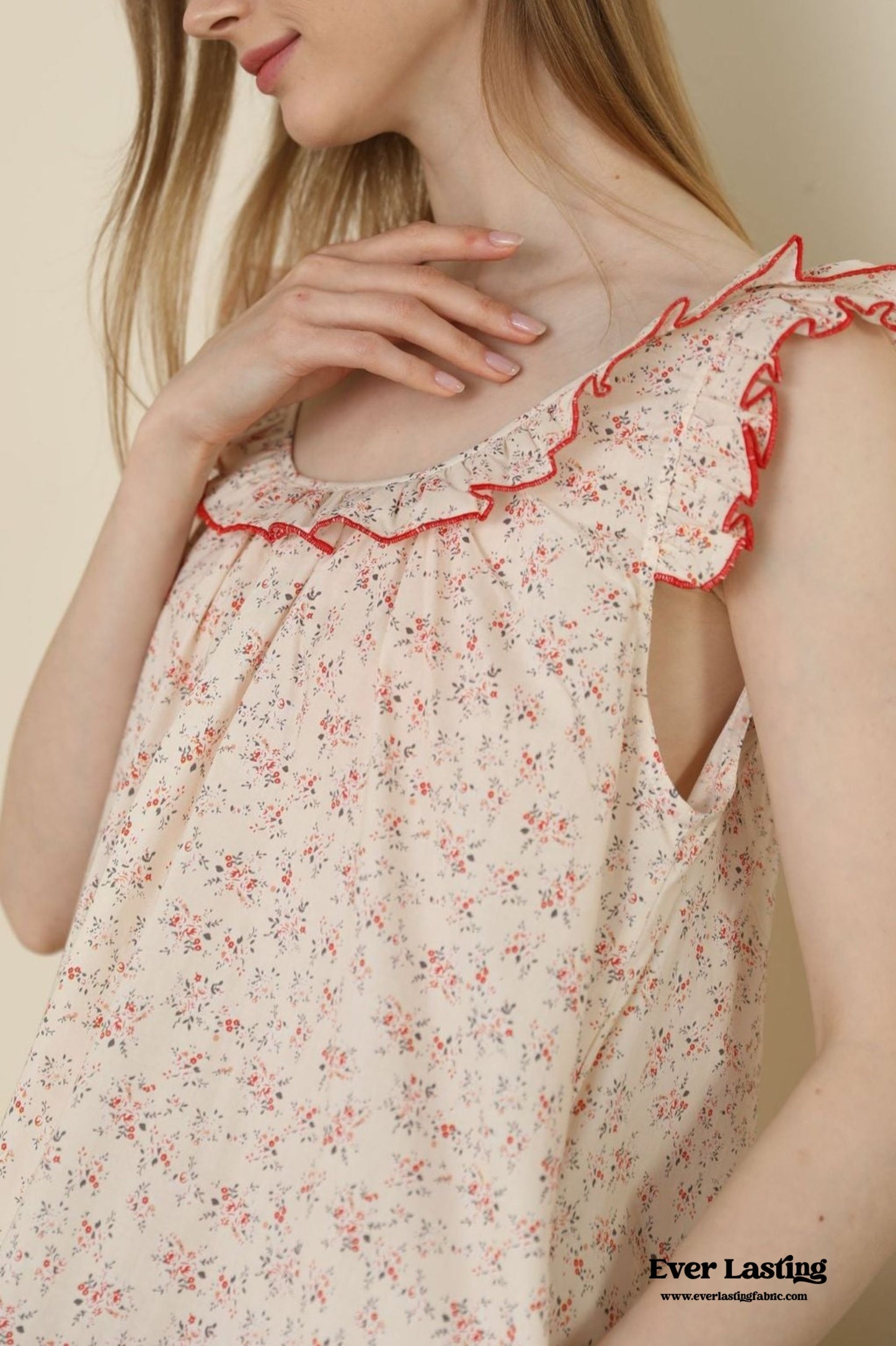 Floral Ruffle Lounge Pajamas Nightgown Dress / Beige