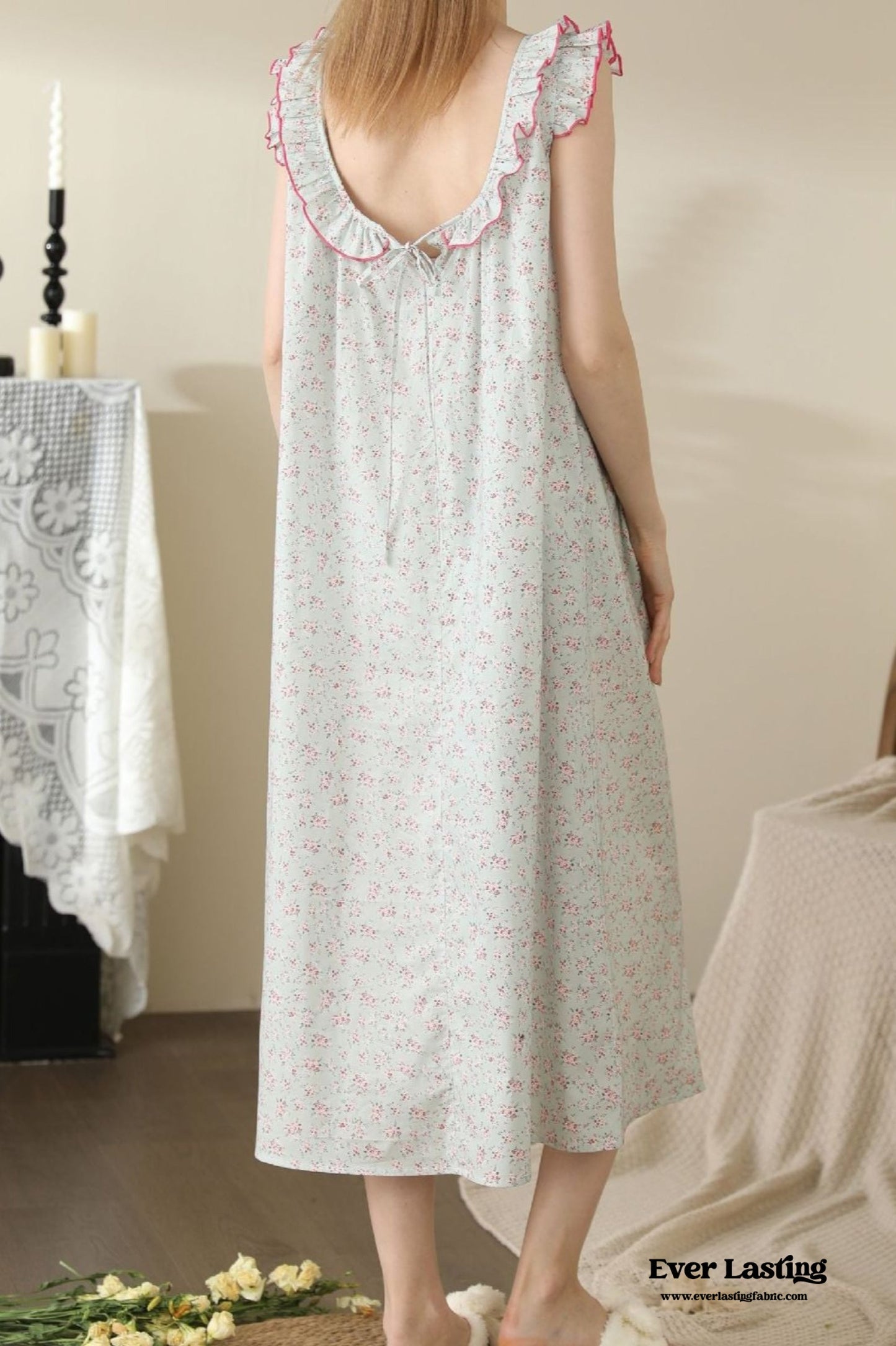 Floral Ruffle Lounge Pajamas Nightgown Dress / Beige