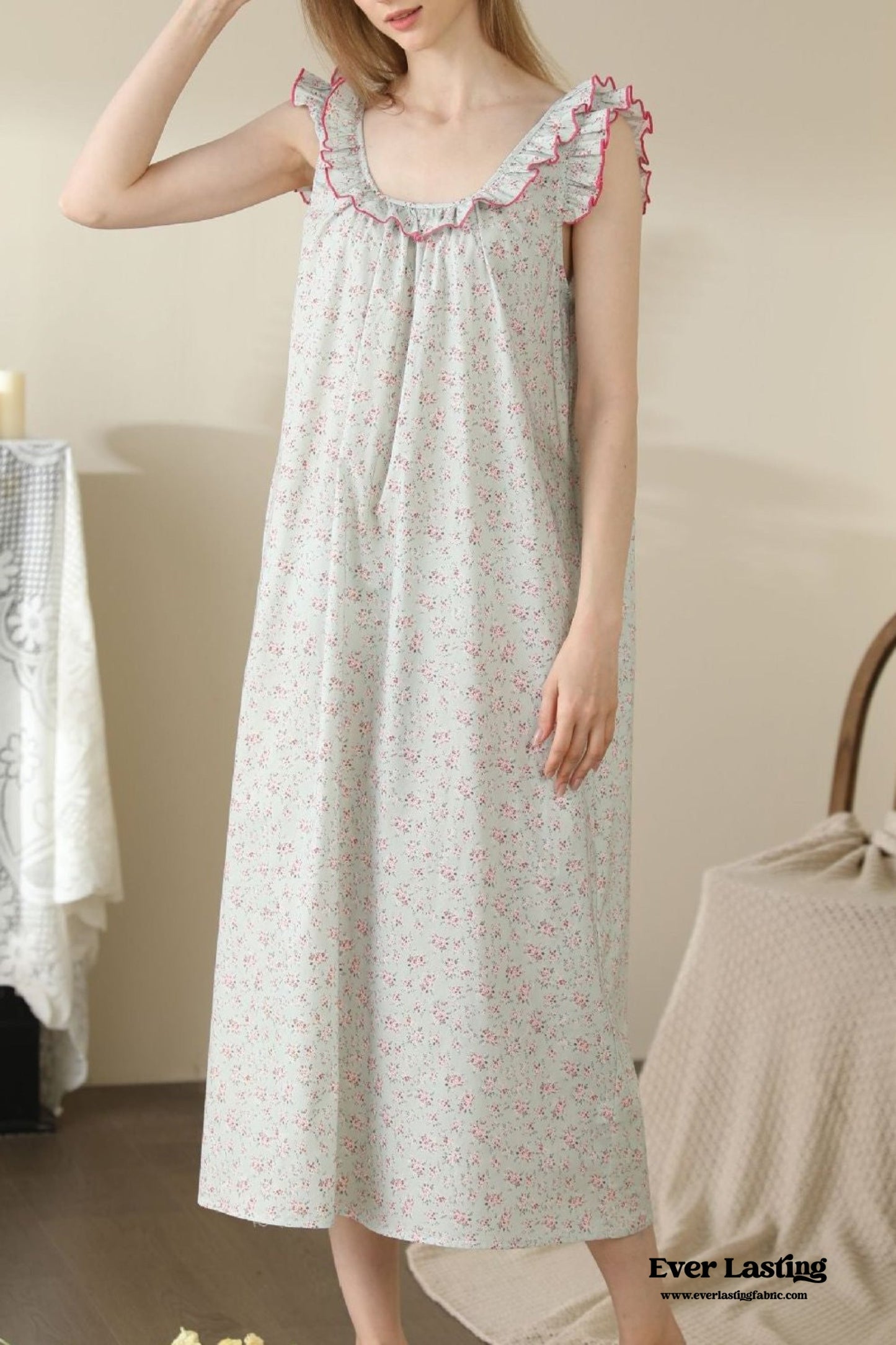 Floral Ruffle Lounge Pajamas Nightgown Dress / Beige