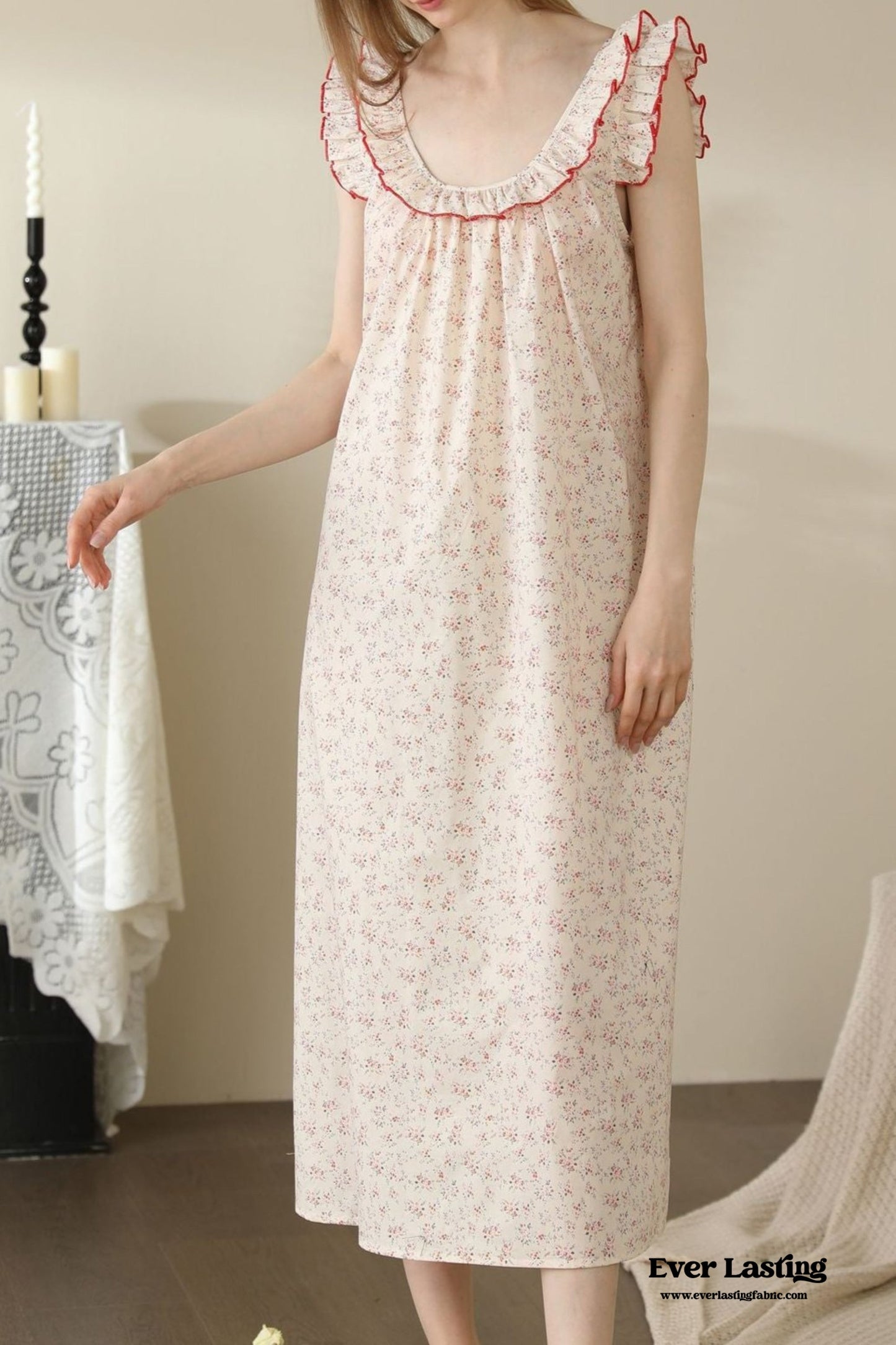Floral Ruffle Lounge Pajamas Nightgown Dress / Beige