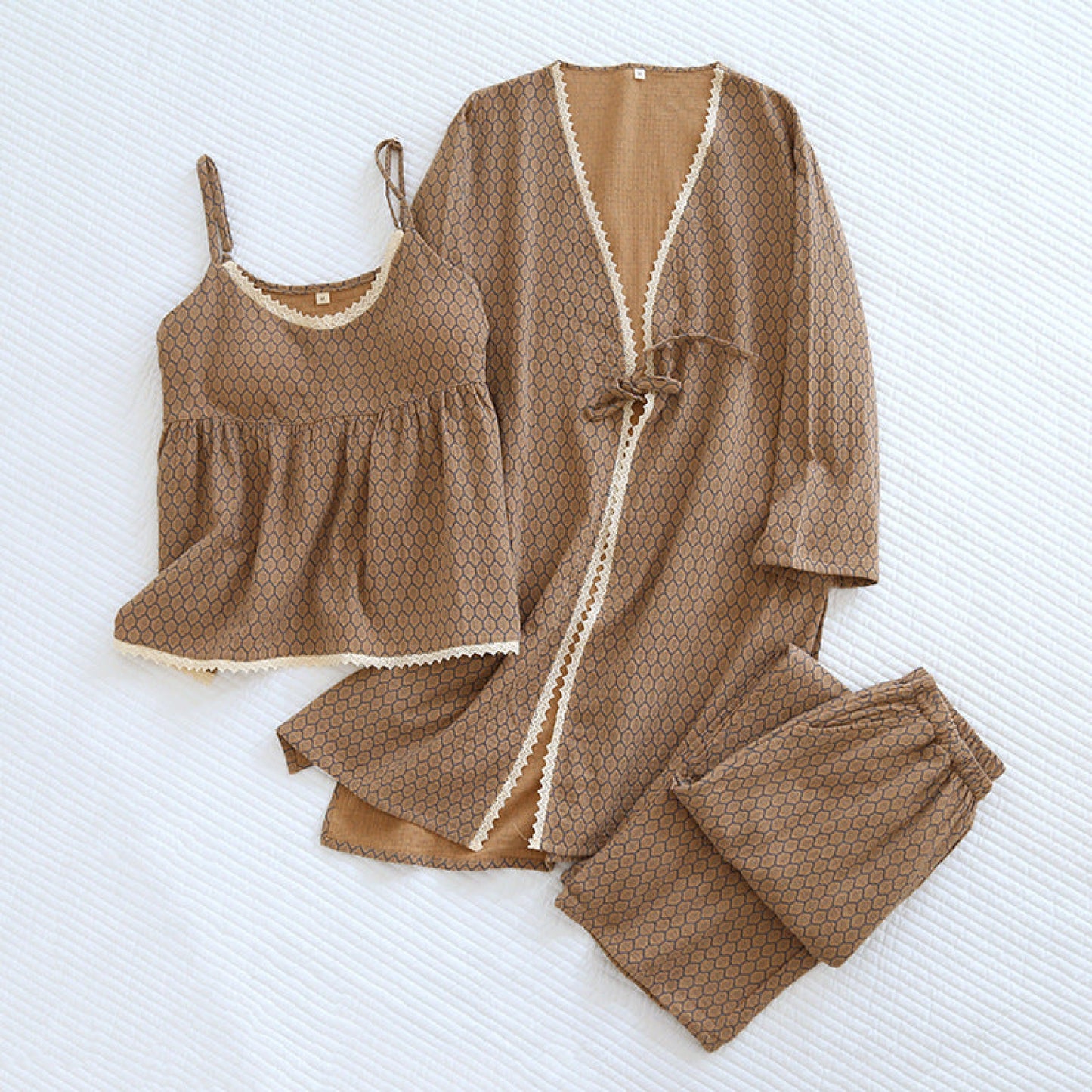 Floral V Tank and Long Pants with Cardigan Cotton Pajama Set / Blue