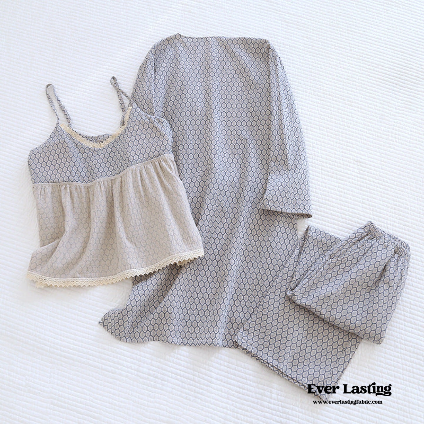 Floral V Tank and Long Pants with Cardigan Cotton Pajama Set / Blue