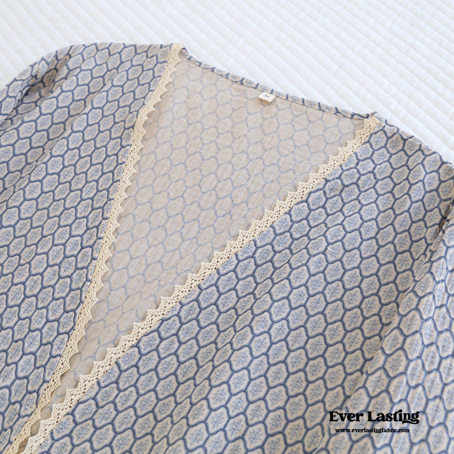 Floral V Tank and Long Pants with Cardigan Cotton Pajama Set / Blue