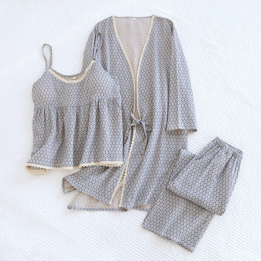 Floral V Tank and Long Pants with Cardigan Cotton Pajama Set / Blue