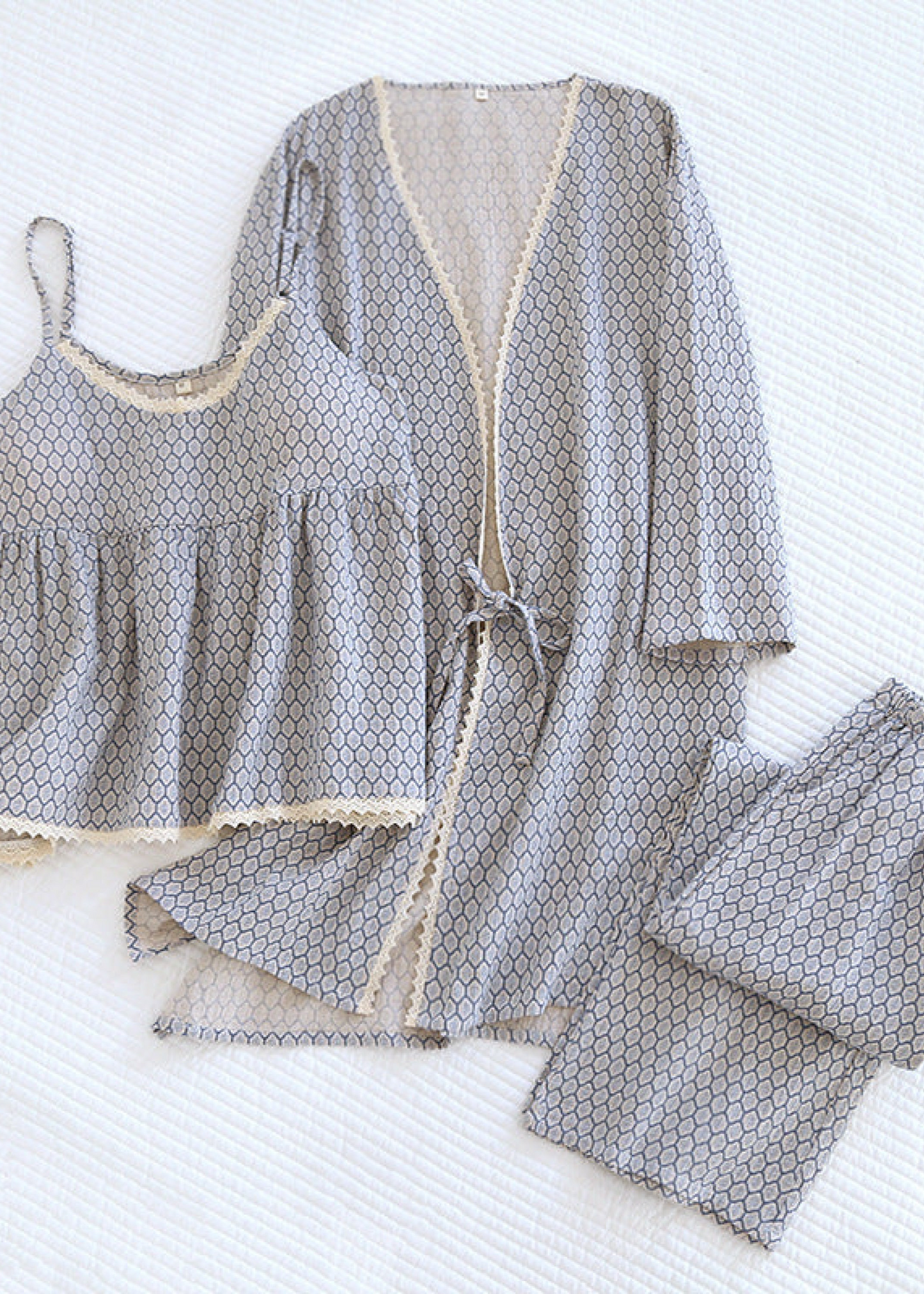 Floral V Tank and Long Pants with Cardigan Cotton Pajama Set / Blue