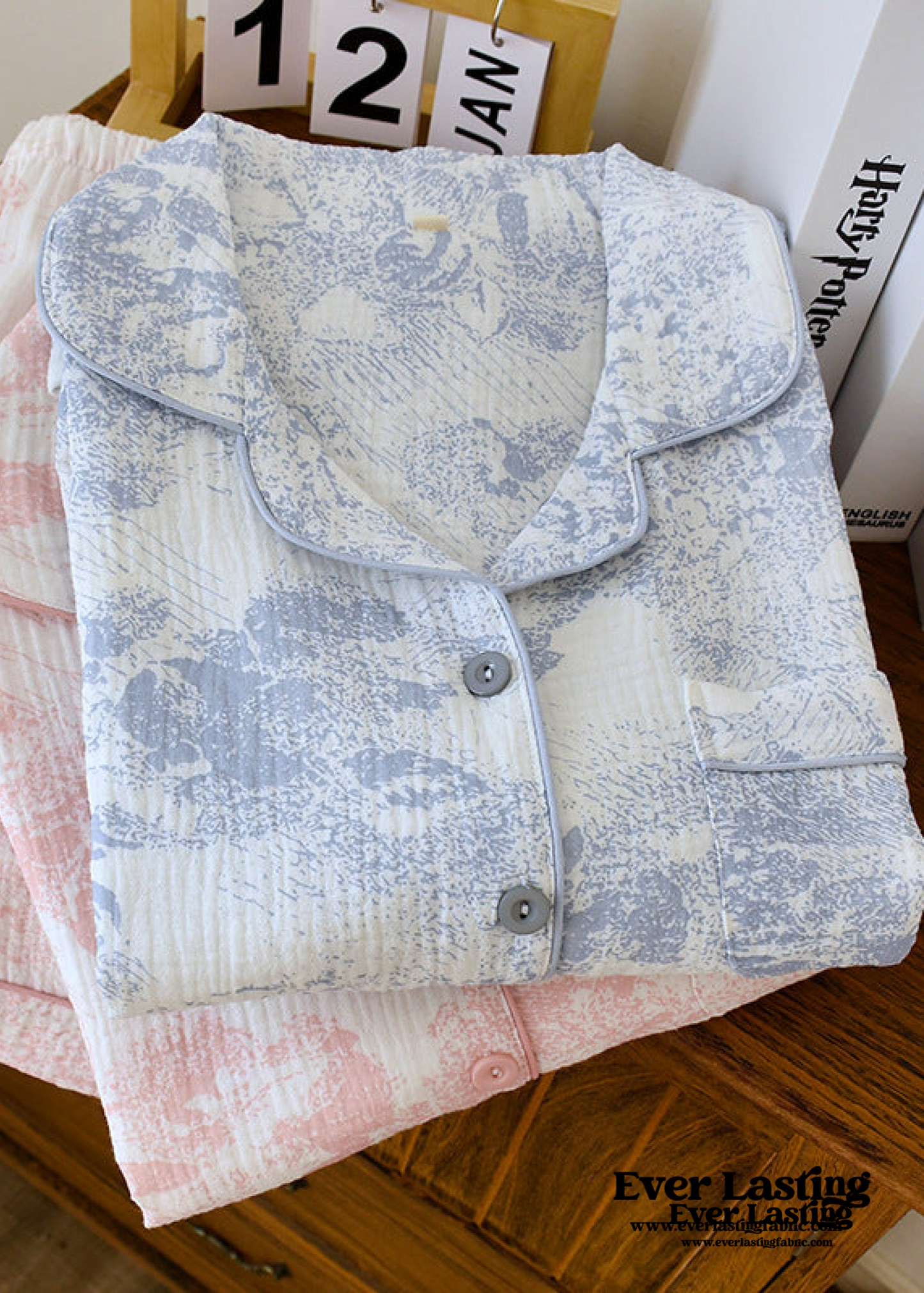 French Cottage Long Sleeves and Pants Cotton Pajama Set / Blue