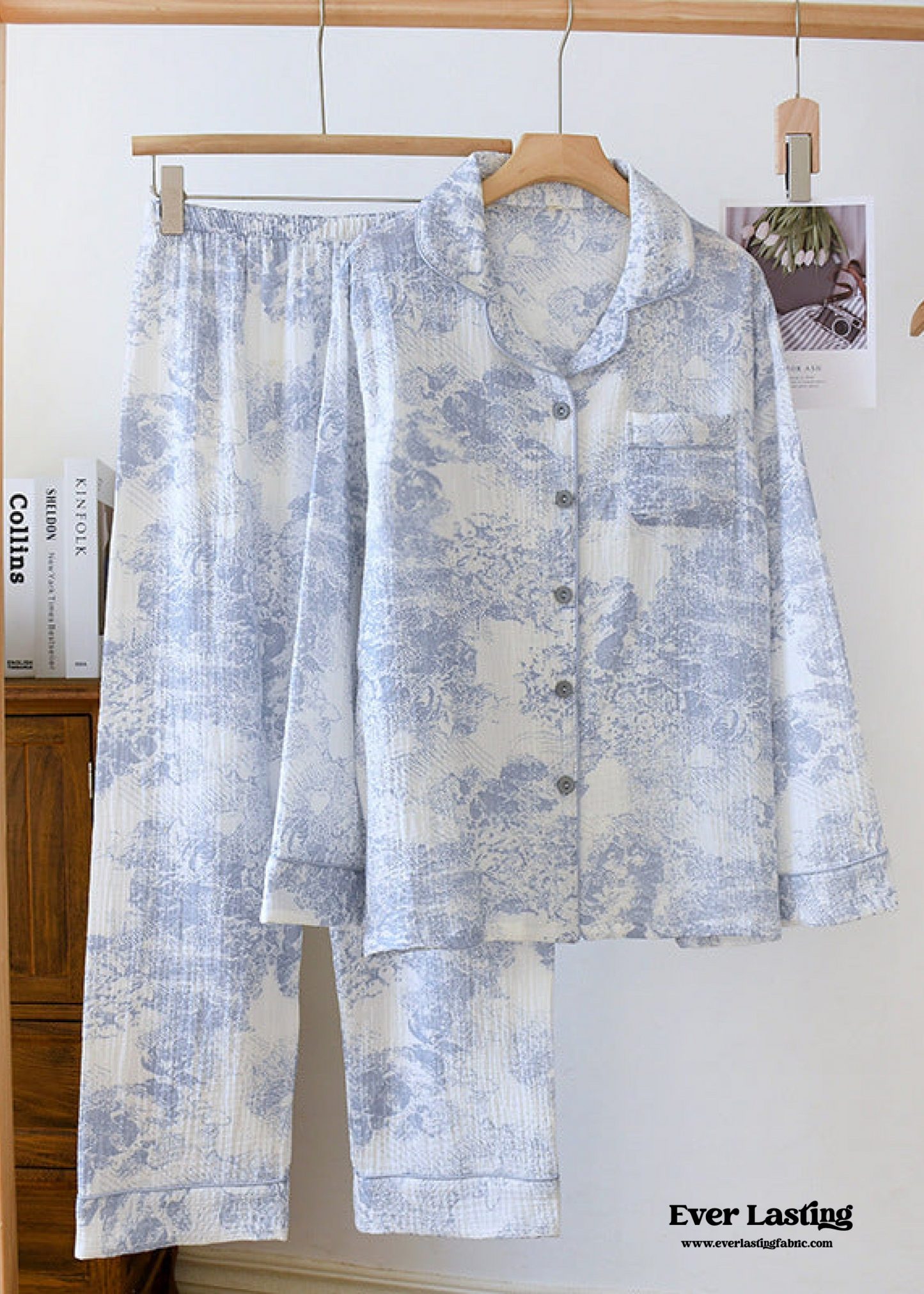 French Cottage Long Sleeves and Pants Cotton Pajama Set / Blue