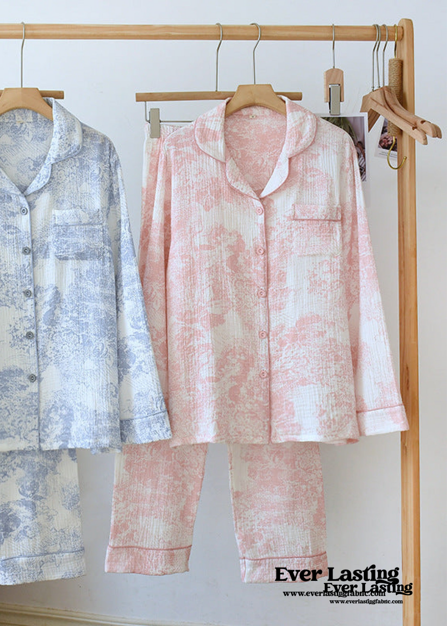 French Cottage Long Sleeves and Pants Cotton Pajama Set / Blue