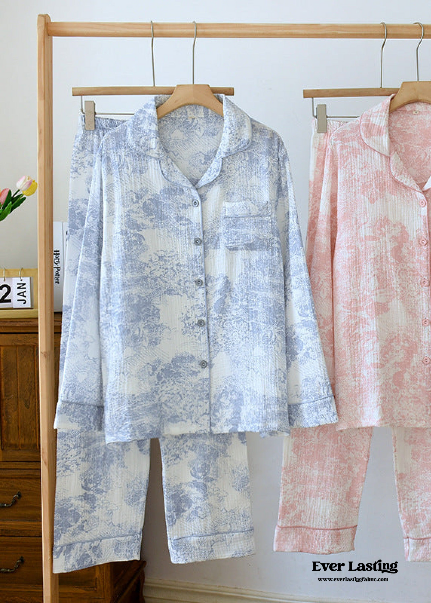 French Cottage Long Sleeves and Pants Cotton Pajama Set / Blue