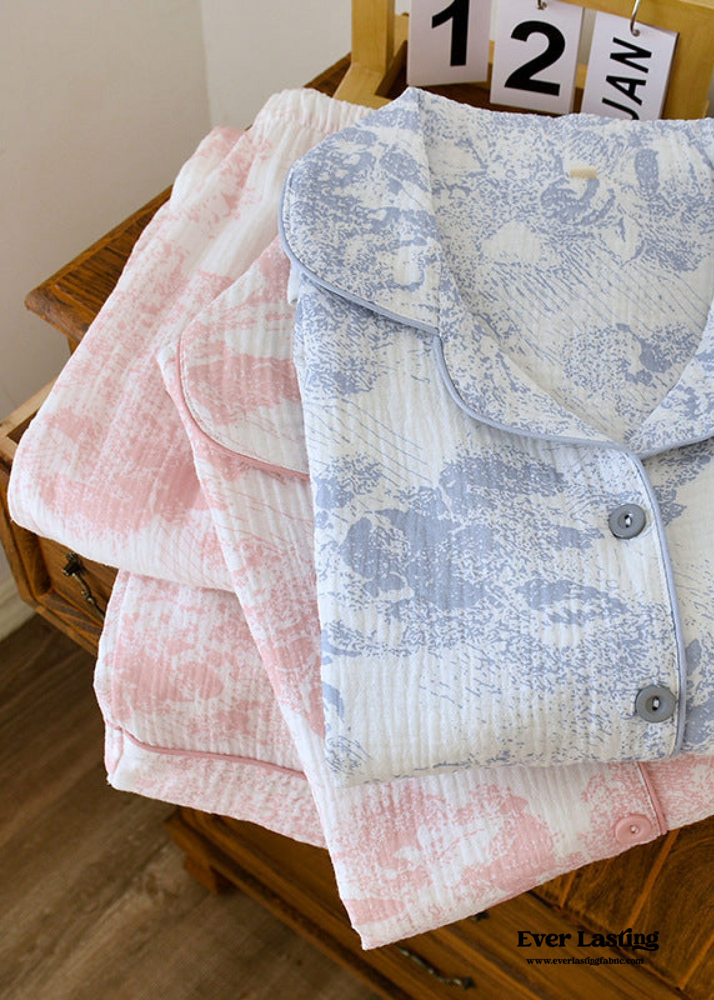 French Cottage Long Sleeves and Pants Cotton Pajama Set / Blue