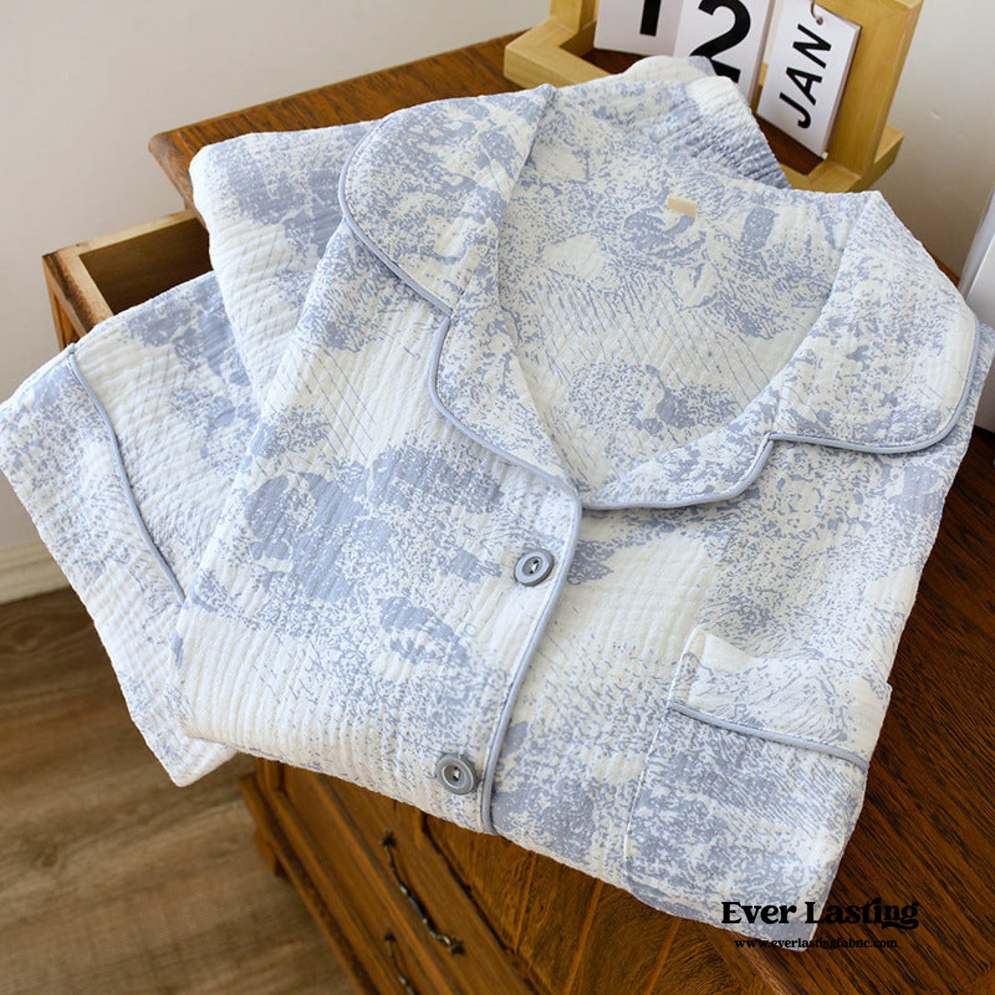 French Cottage Long Sleeves and Pants Cotton Pajama Set / Blue