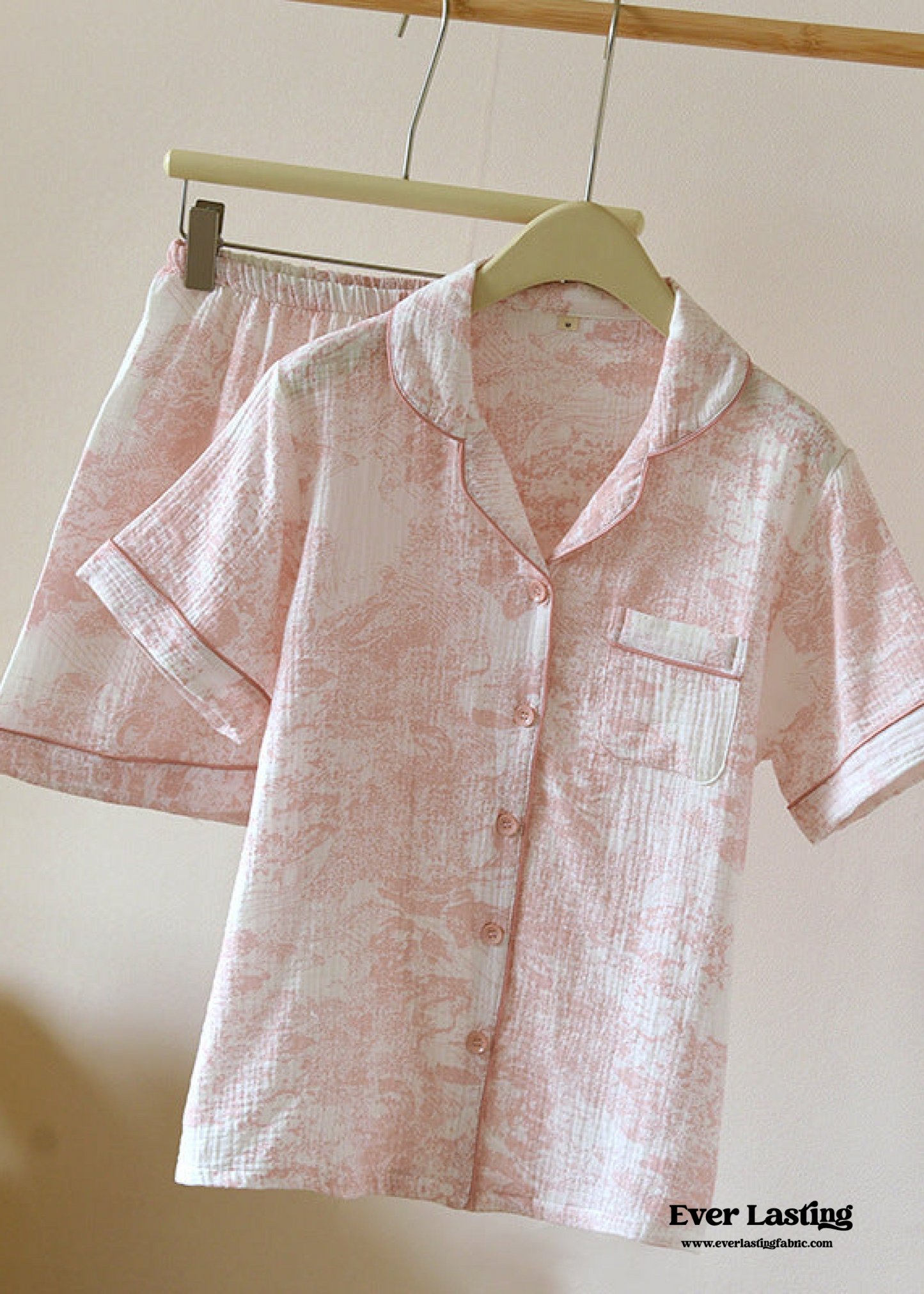 French Cottage Short Sleeves and Shorts Cotton Pajama Set / Pink