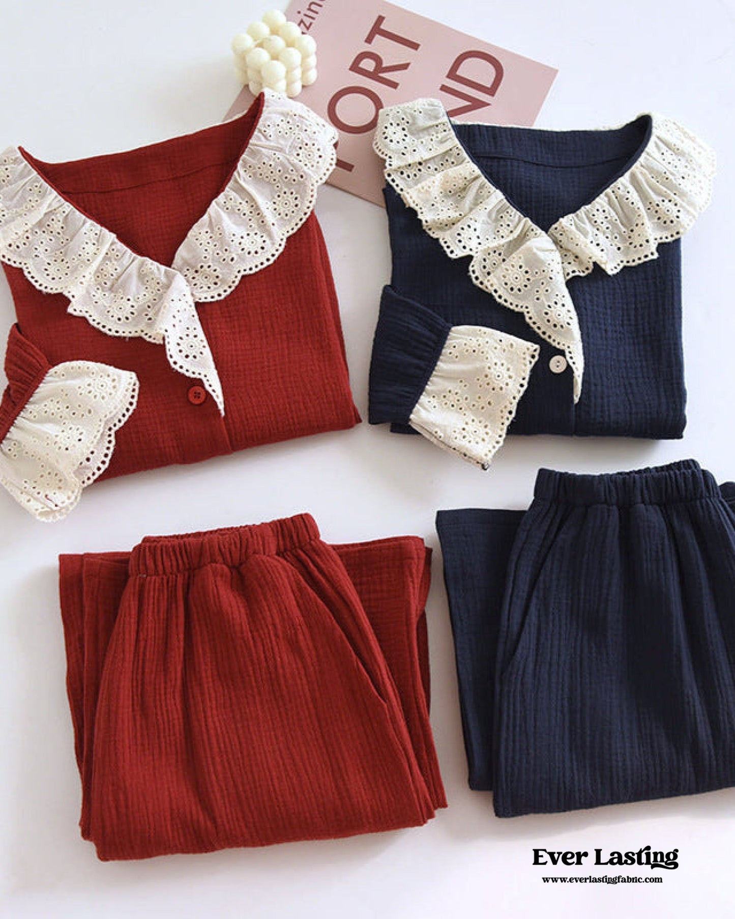 French Ruffled Long Sleeves and Pants Pajama Set / Navy
