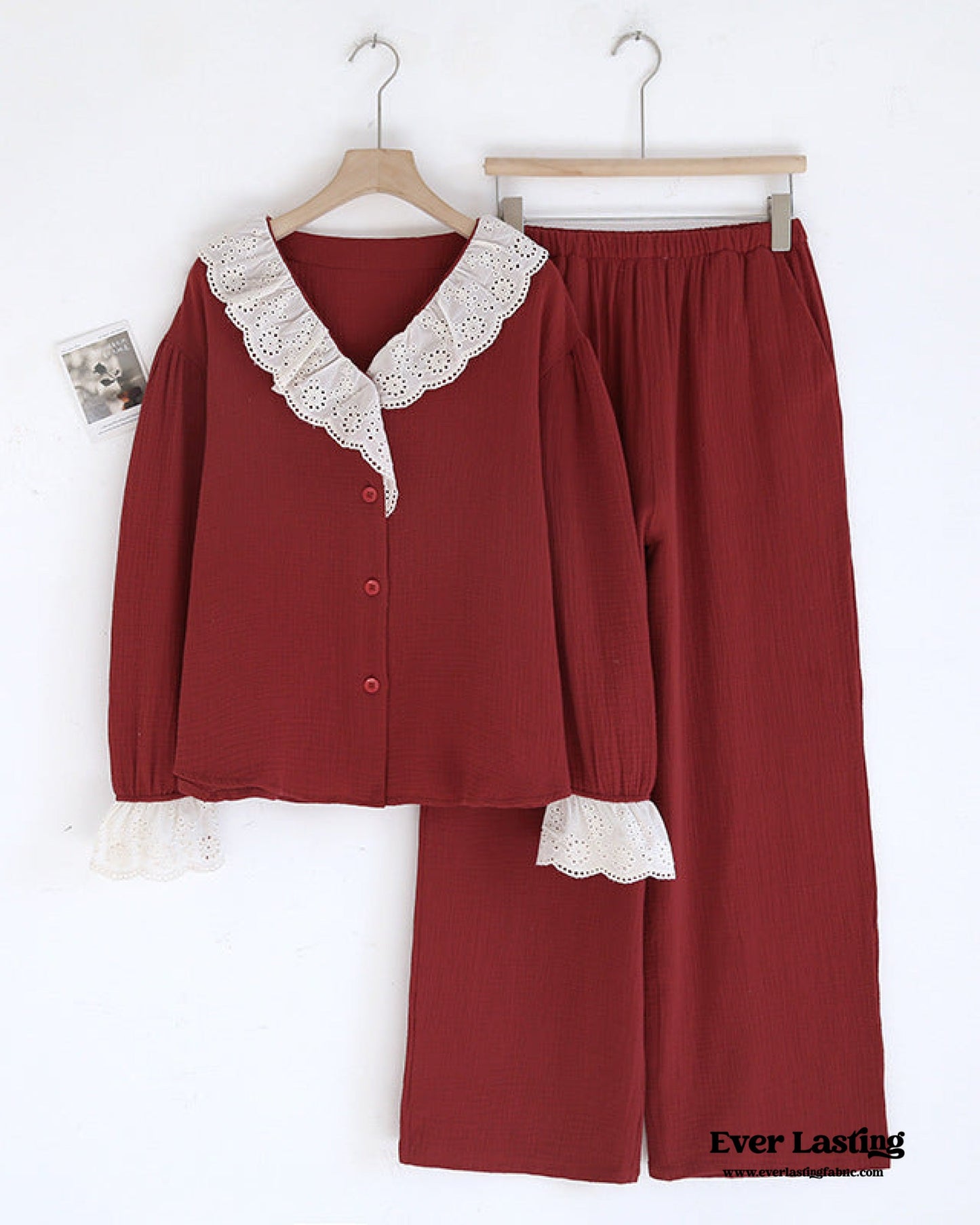 French Ruffled Long Sleeves and Pants Pajama Set / Navy