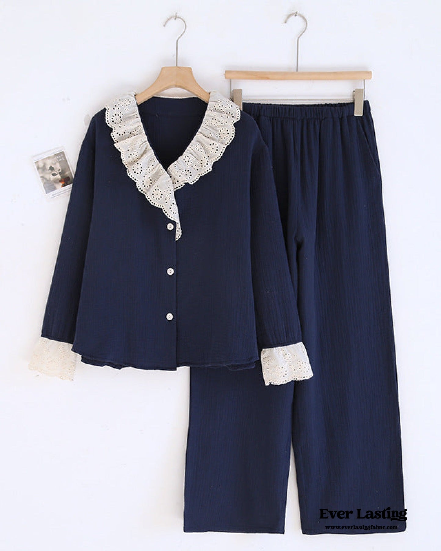 French Ruffled Long Sleeves and Pants Pajama Set / Navy