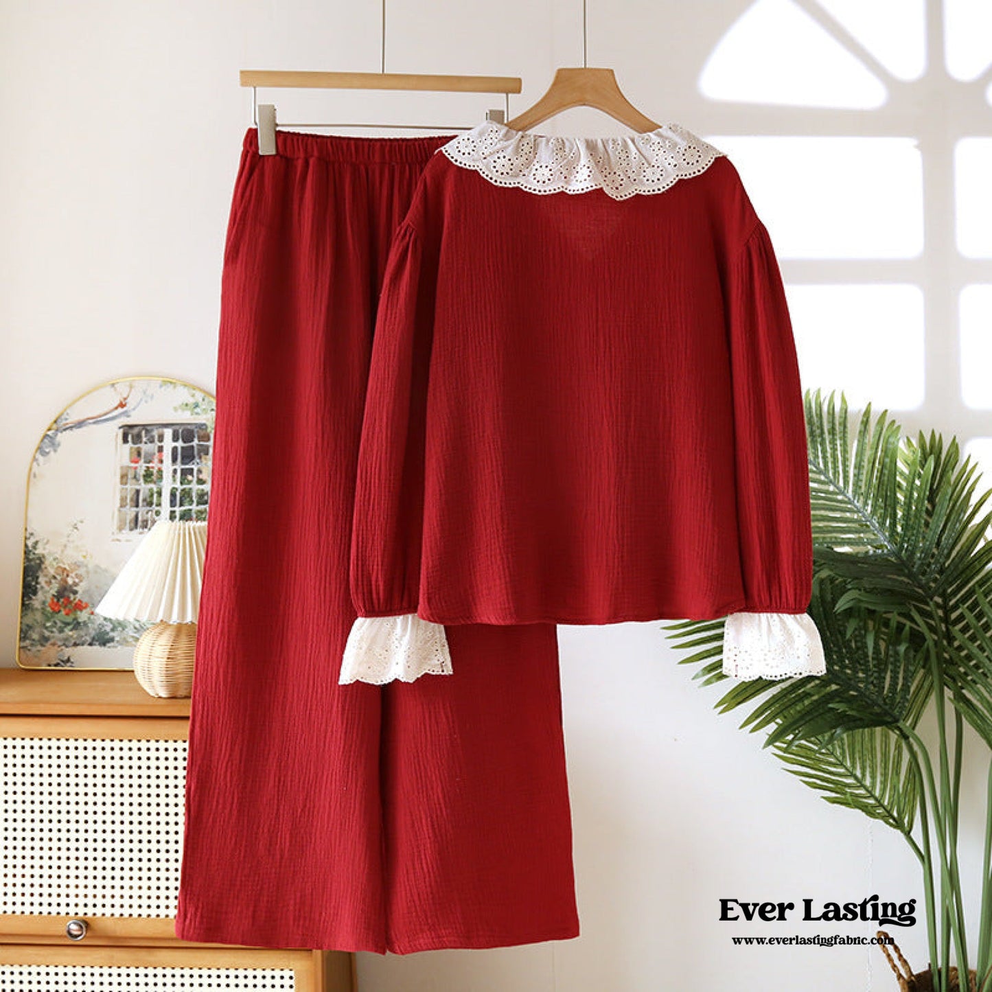 French Ruffled Long Sleeves and Pants Pajama Set / Navy