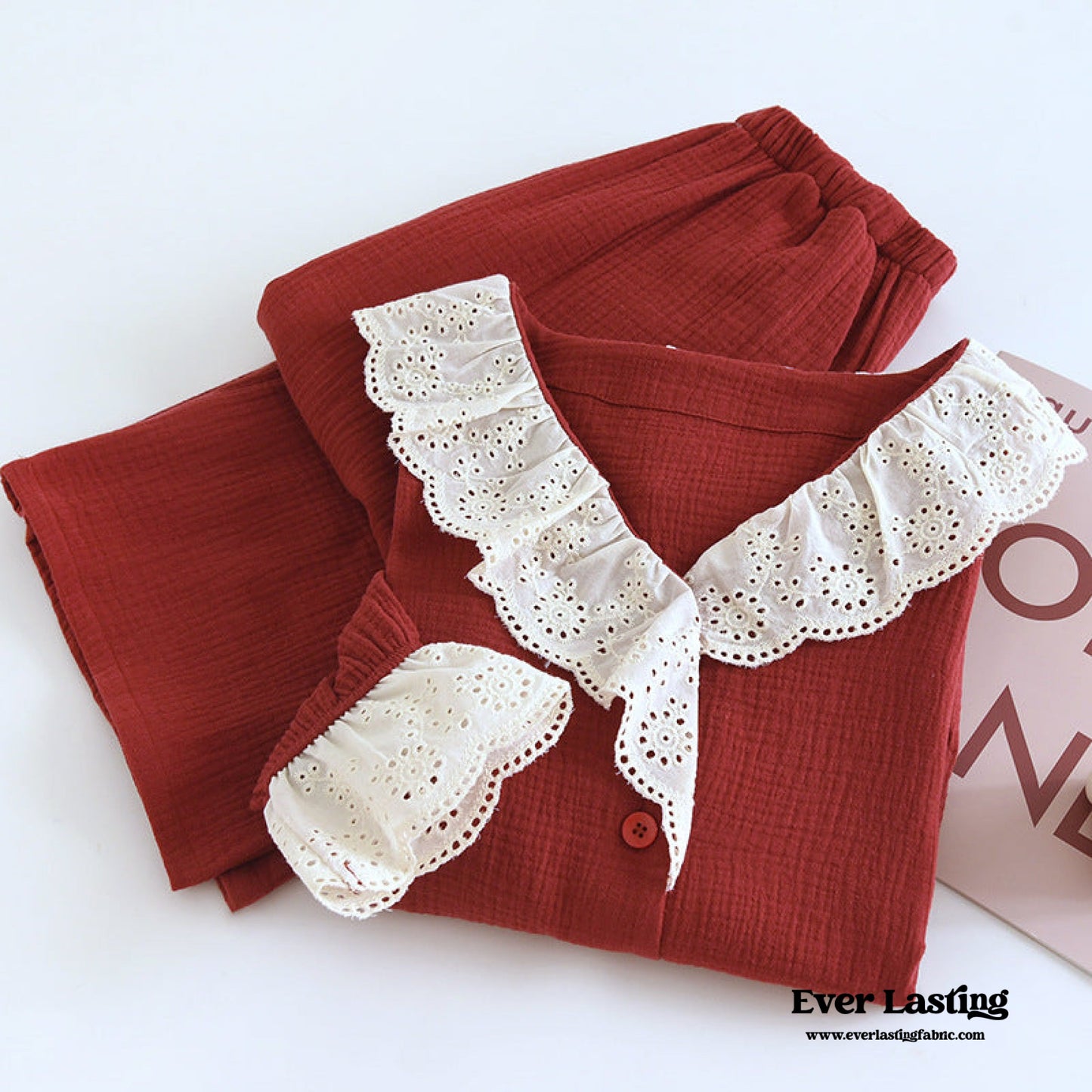 French Ruffled Long Sleeves and Pants Pajama Set / Navy