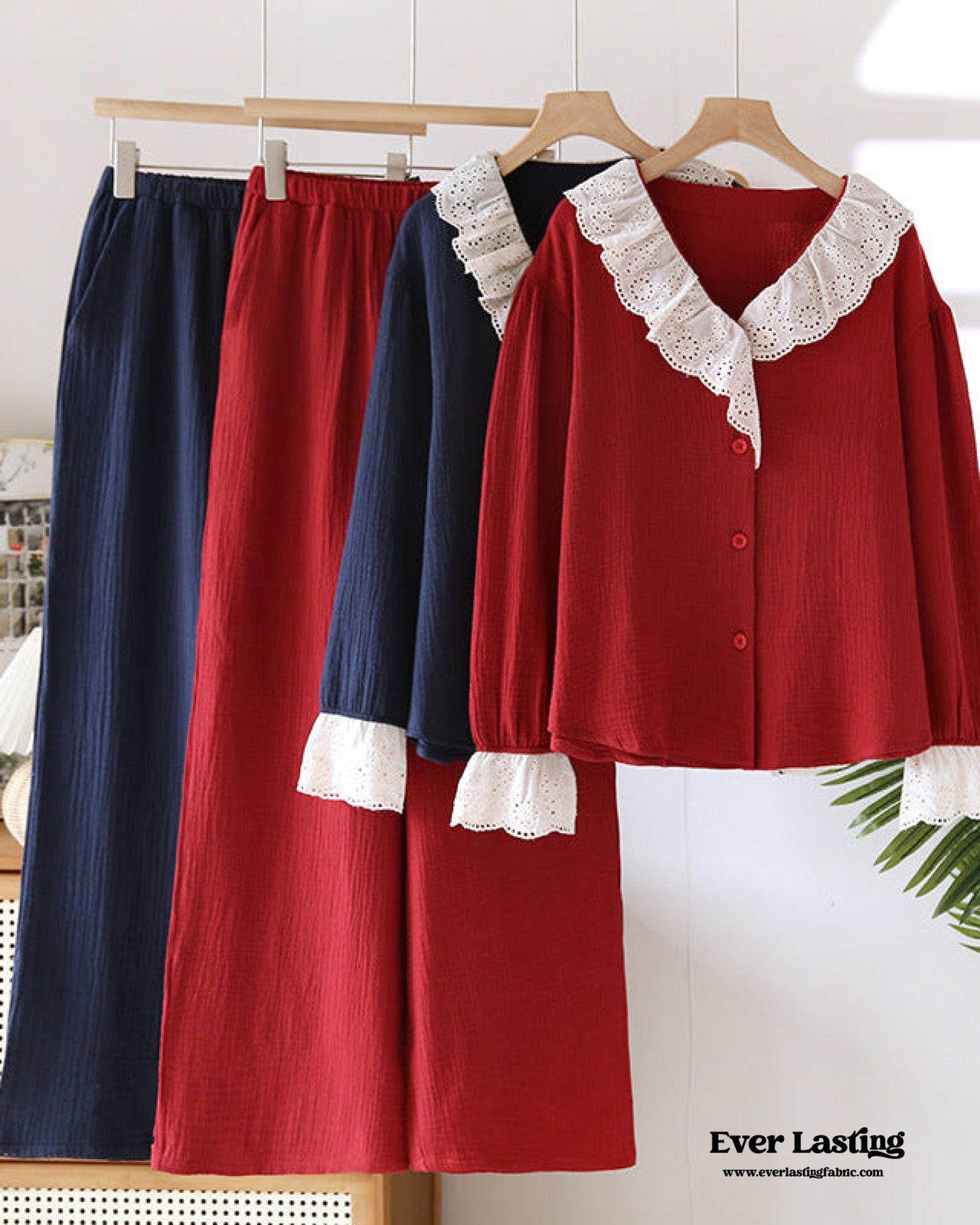 French Ruffled Long Sleeves and Pants Pajama Set / Navy