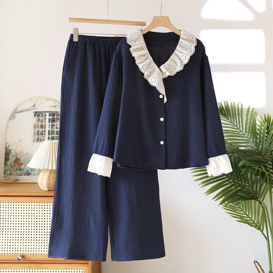 French Ruffled Long Sleeves and Pants Pajama Set / Navy
