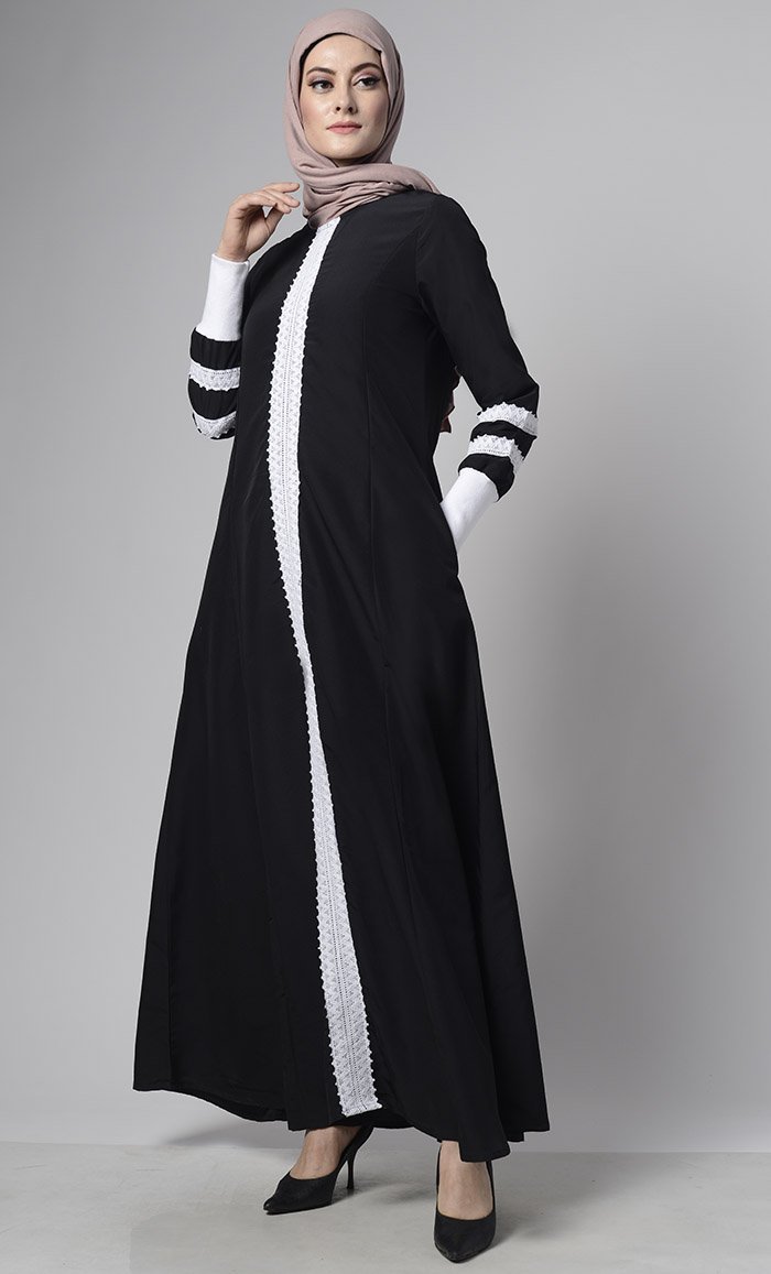 Front Delicate Lace Adorned Abaya