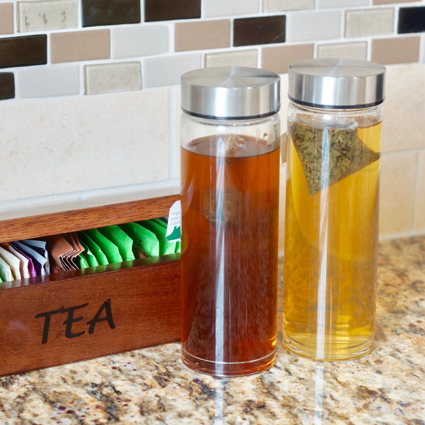 Skinny Series Wide Mouth Glass Bottles Set w/ Stainless Steel Lids, 16 oz