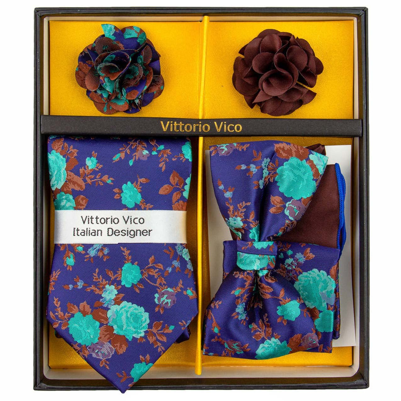 Vittorio Farina Men's Design Necktie, Bow Tie, Pocket Squares and Flower Lapel Pin in a Gift Box
