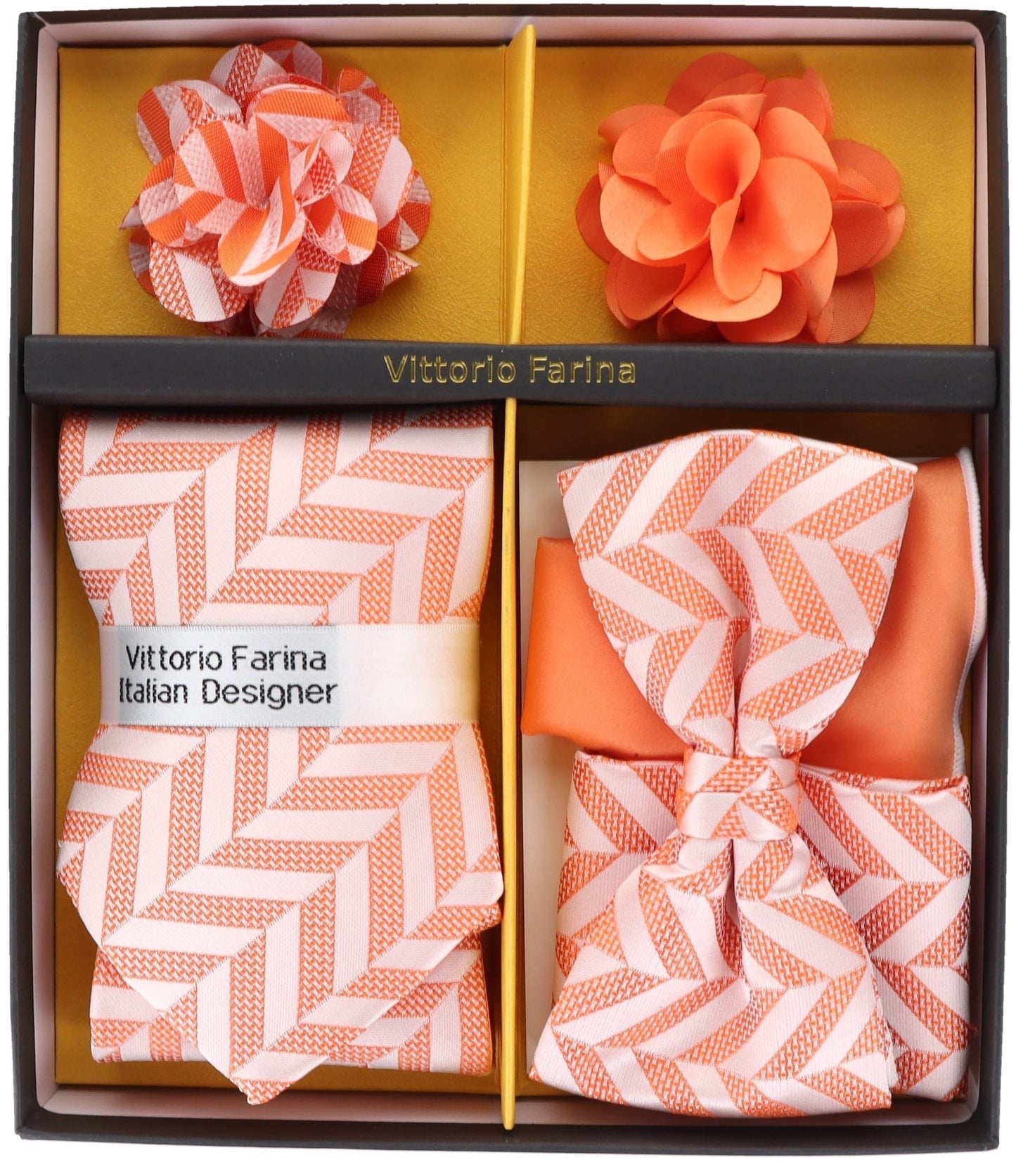 Vittorio Farina Men's Design Necktie, Bow Tie, Pocket Squares and Flower Lapel Pin in a Gift Box
