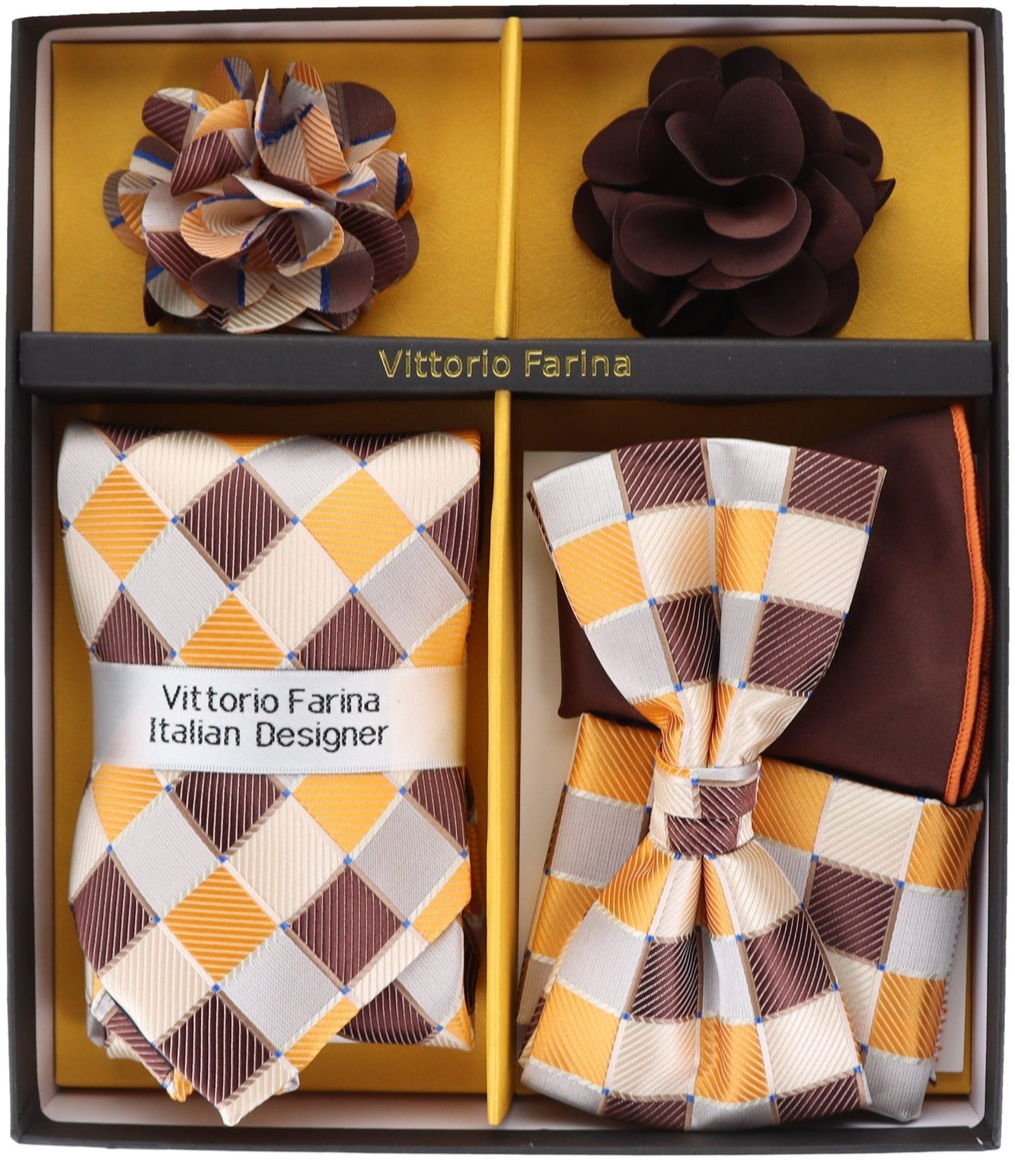Vittorio Farina Men's Design Necktie, Bow Tie, Pocket Squares and Flower Lapel Pin in a Gift Box