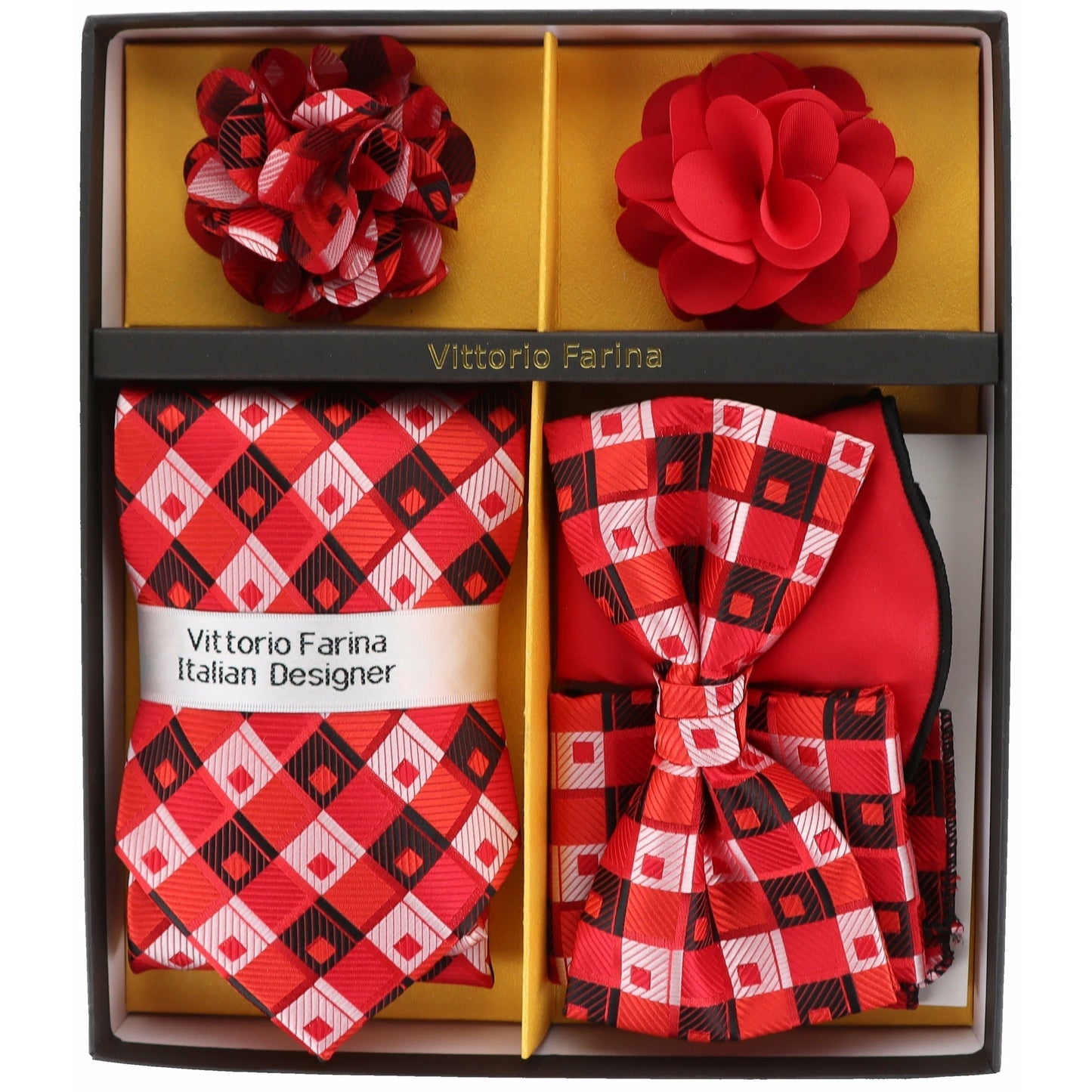 Vittorio Farina Men's Design Necktie, Bow Tie, Pocket Squares and Flower Lapel Pin in a Gift Box