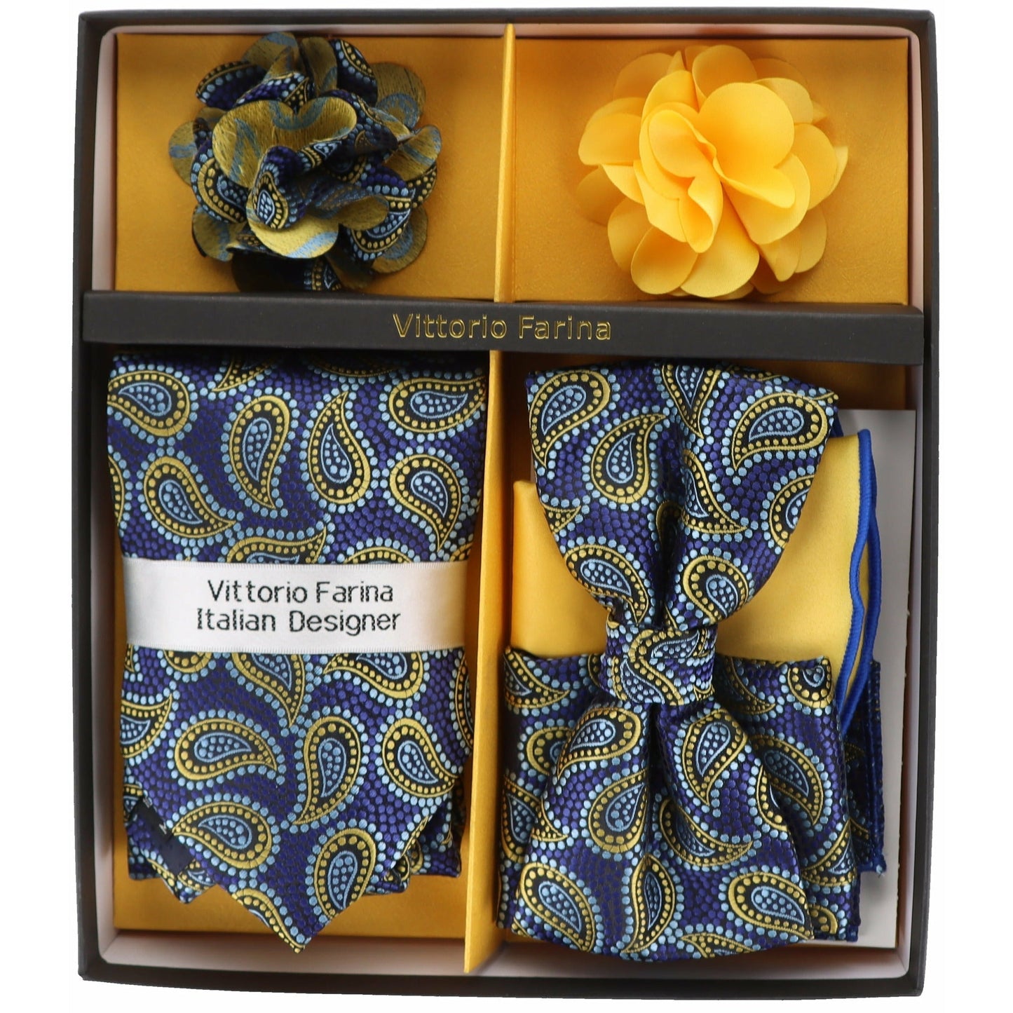 Vittorio Farina Men's Design Necktie, Bow Tie, Pocket Squares and Flower Lapel Pin in a Gift Box