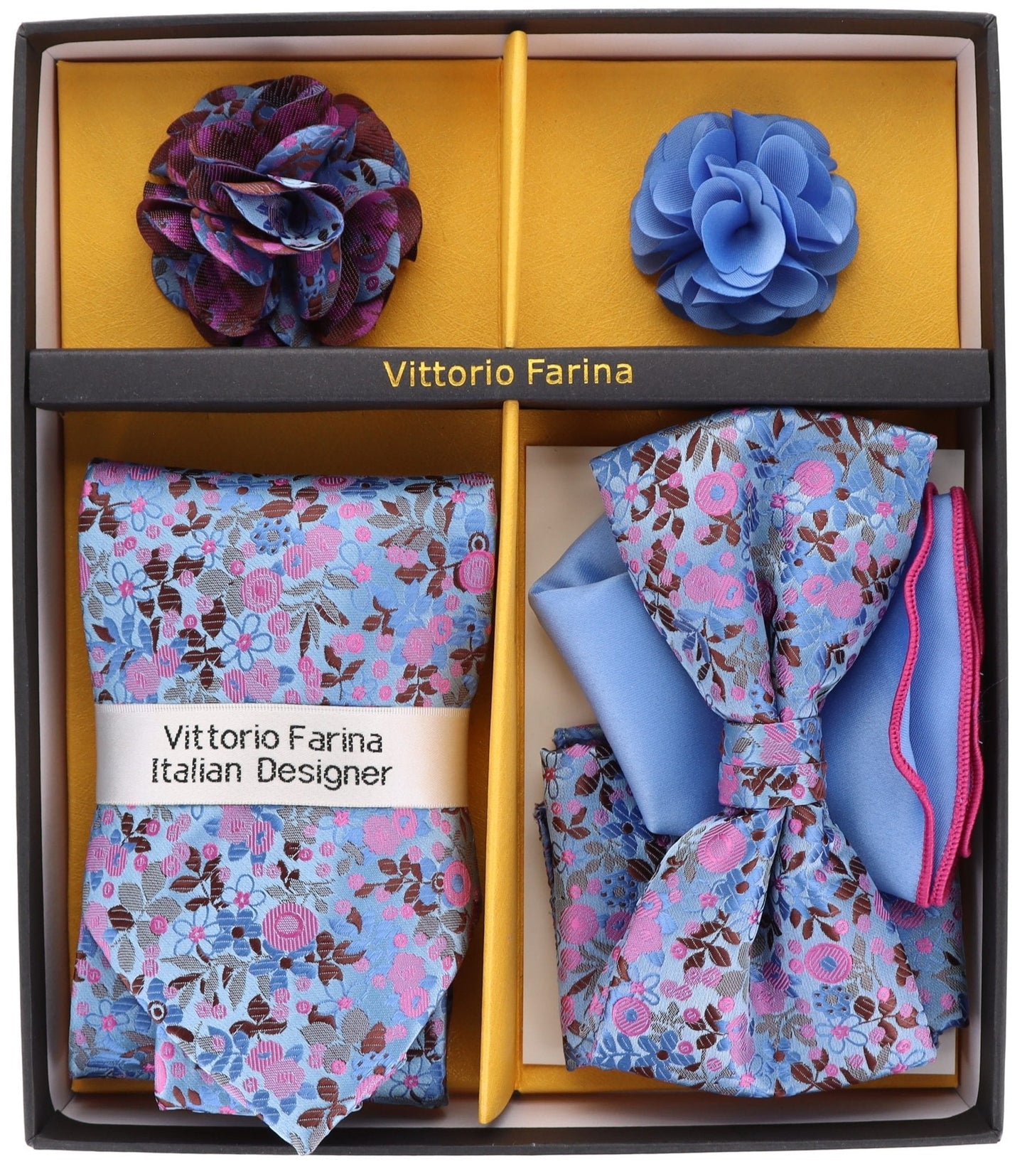 Vittorio Farina Men's Design Necktie, Bow Tie, Pocket Squares and Flower Lapel Pin in a Gift Box