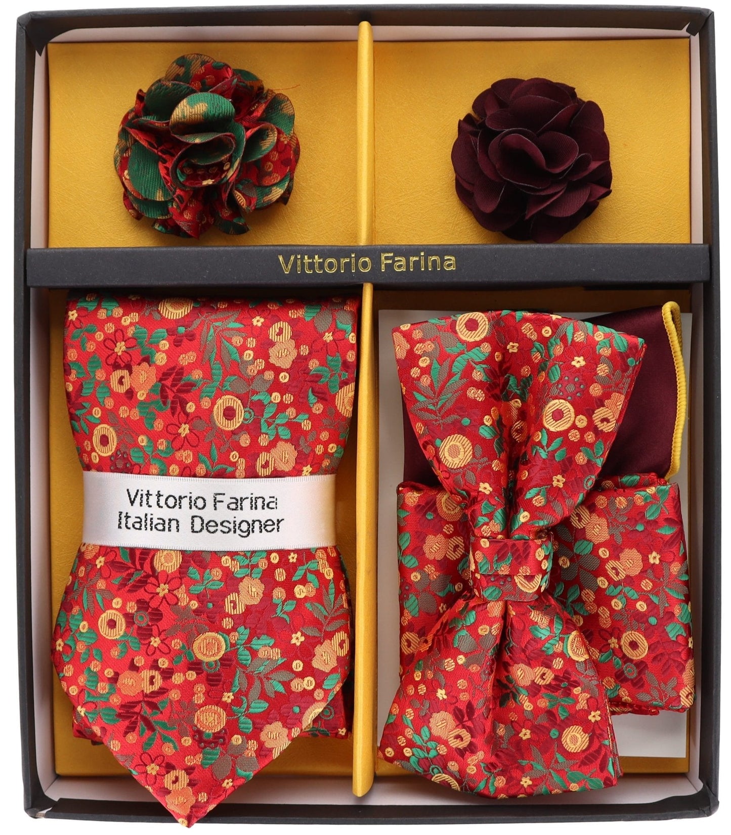 Vittorio Farina Men's Design Necktie, Bow Tie, Pocket Squares and Flower Lapel Pin in a Gift Box