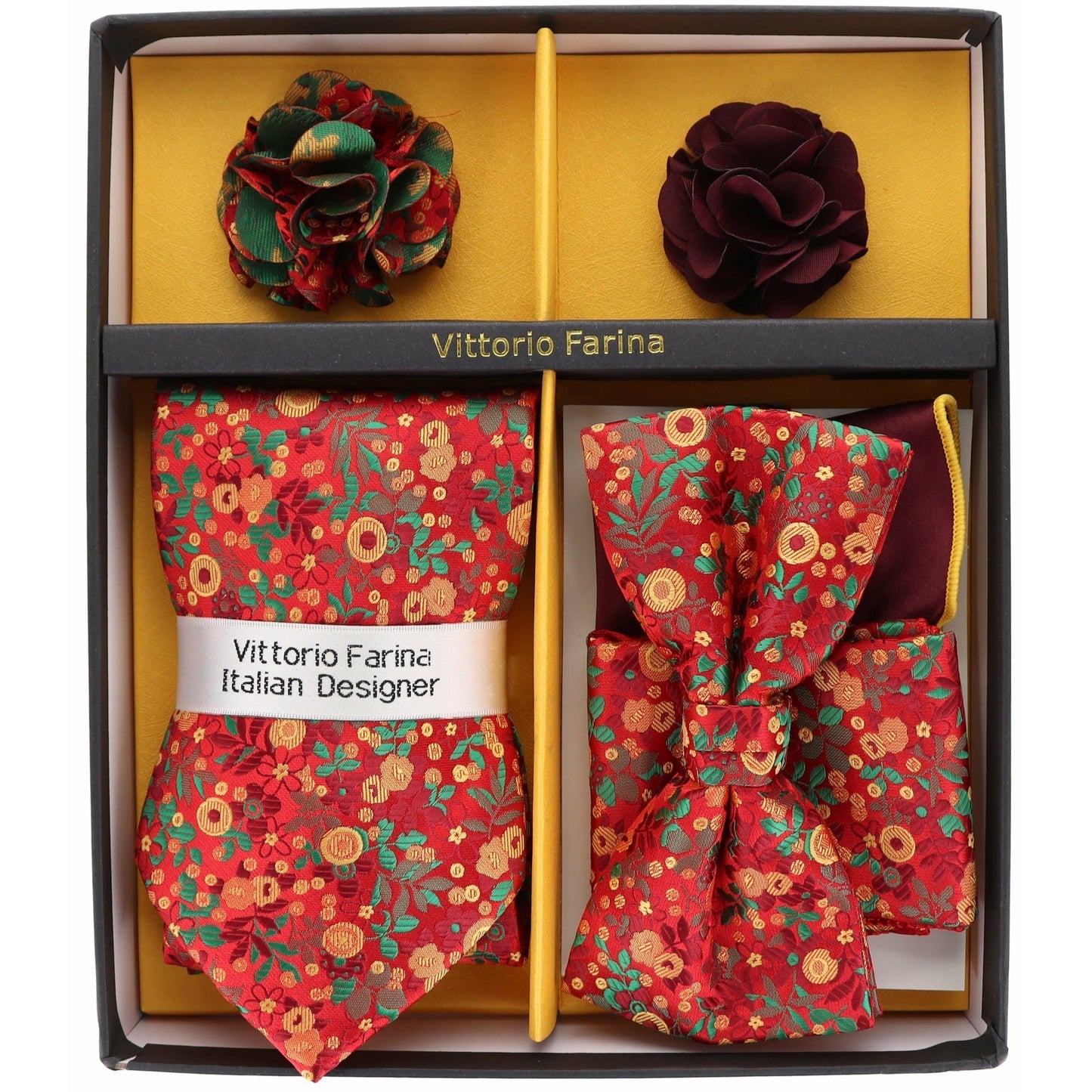Vittorio Farina Men's Design Necktie, Bow Tie, Pocket Squares and Flower Lapel Pin in a Gift Box