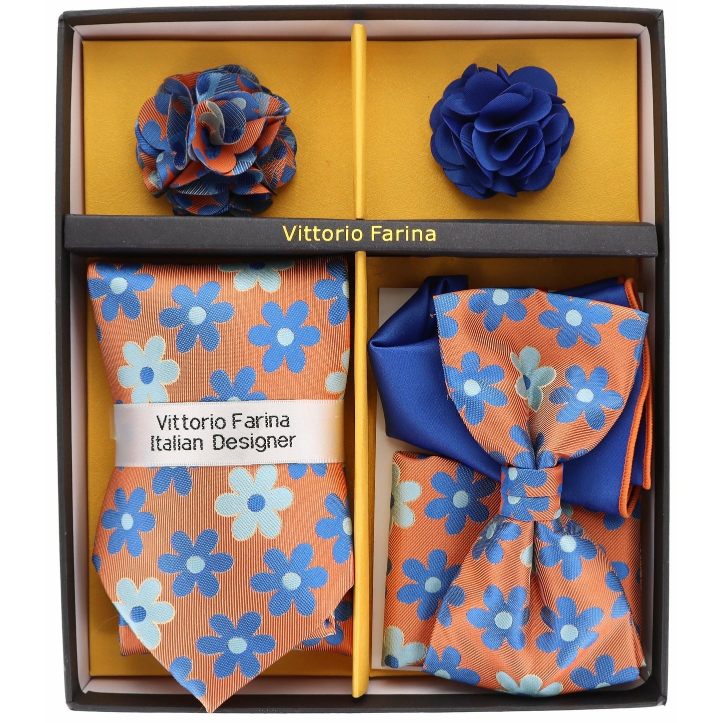 Vittorio Farina Men's Design Necktie, Bow Tie, Pocket Squares and Flower Lapel Pin in a Gift Box