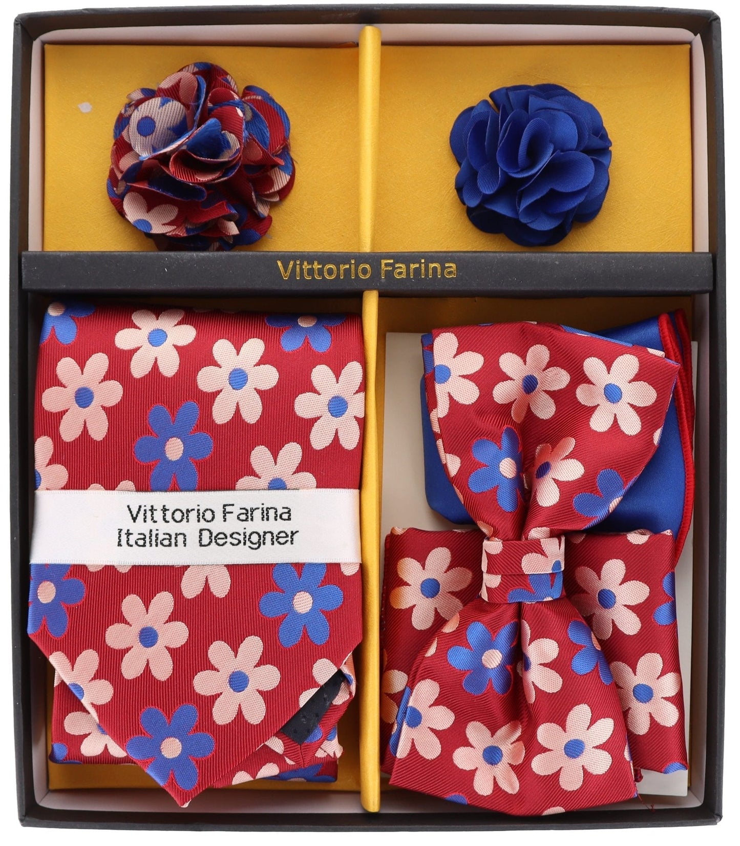 Vittorio Farina Men's Design Necktie, Bow Tie, Pocket Squares and Flower Lapel Pin in a Gift Box