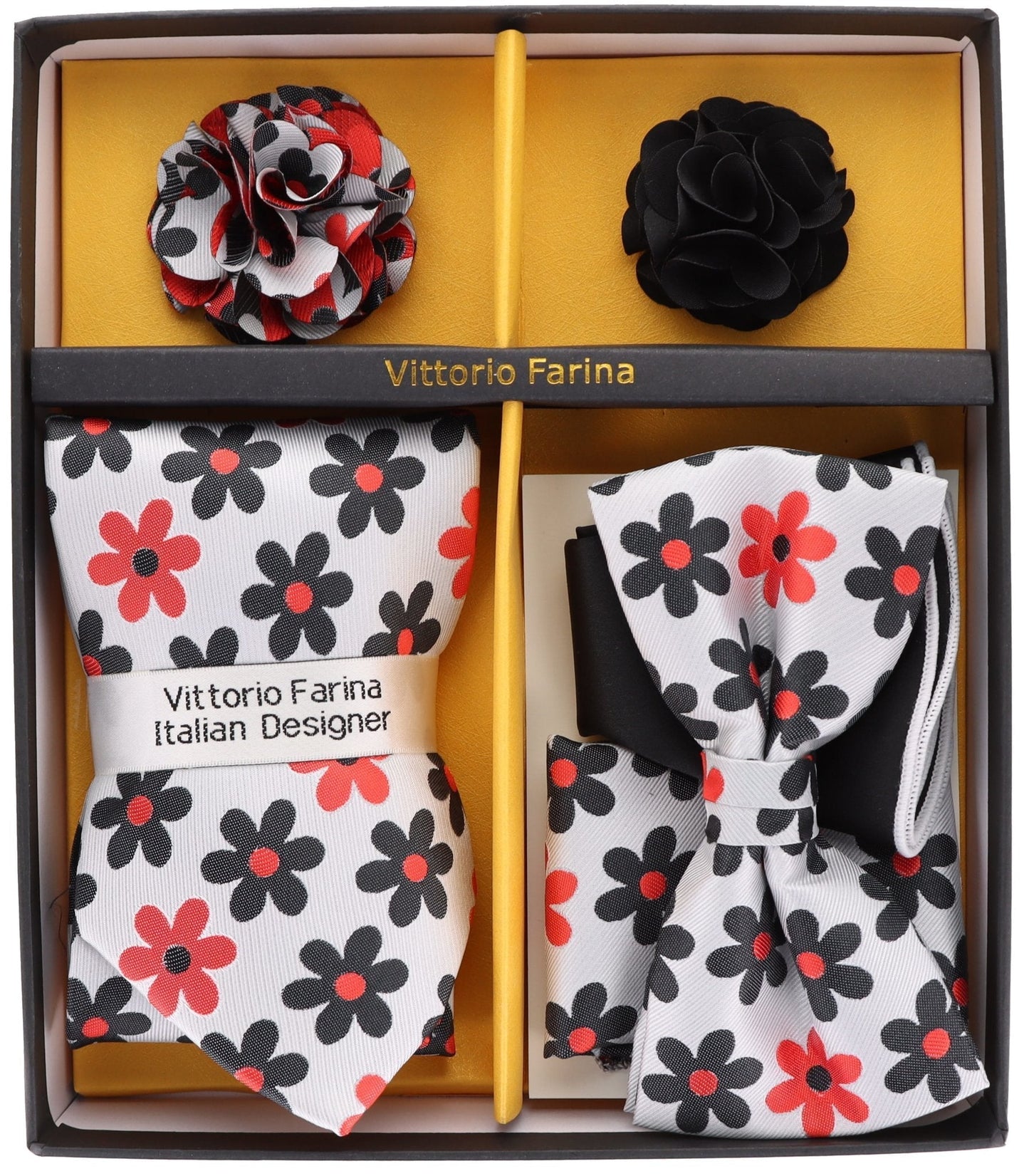 Vittorio Farina Men's Design Necktie, Bow Tie, Pocket Squares and Flower Lapel Pin in a Gift Box